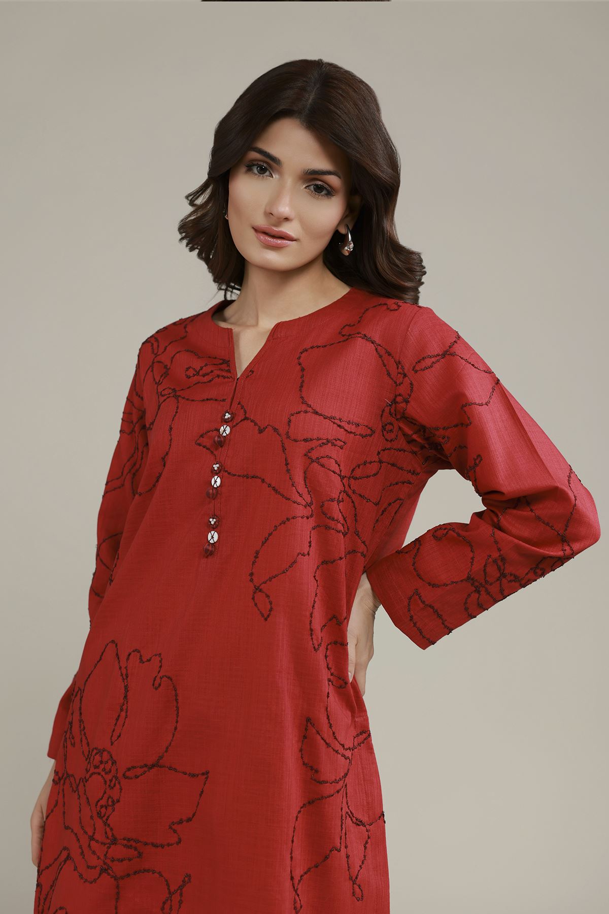 Embroidered Heavy Textured Cotton Floral Threadwork Kurta - EET24546B-VG