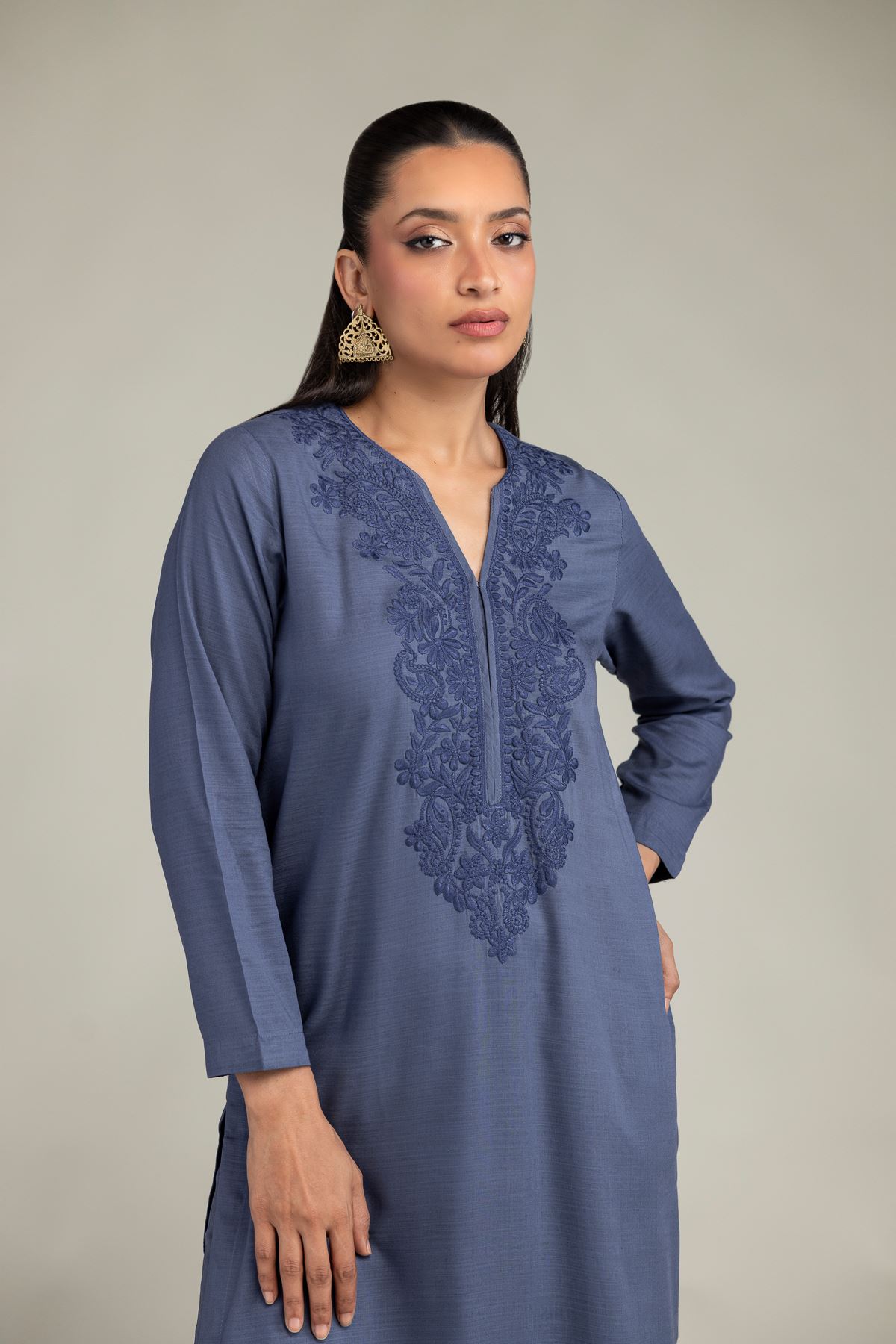 Dyed Raw Silk Longline V-Neck Kurta - 1-26-322-B-A1-VG