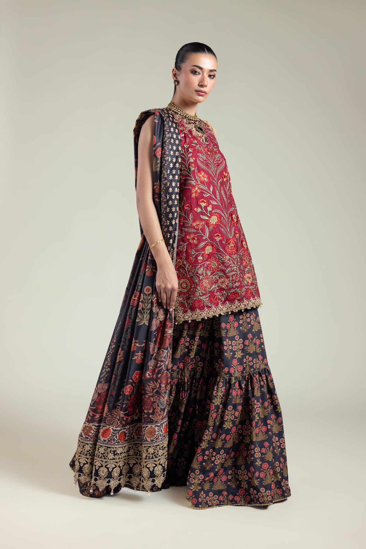 Embroidered Raw Silk Three-Piece Silk Set - 12-26-115-F-B-VG
