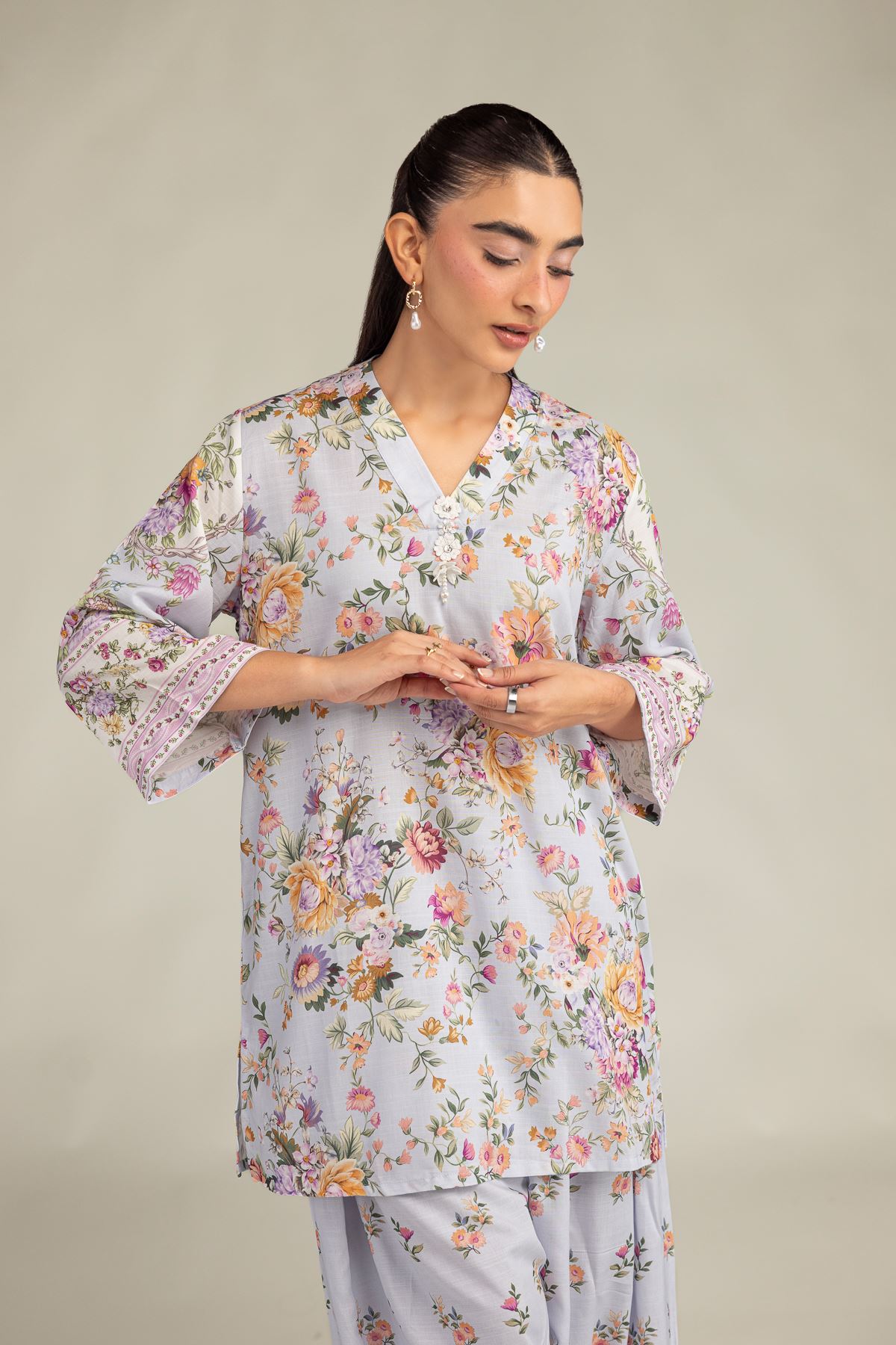 Printed Raw Silk Short Floral Kurta - 1-26-102-A-F-VG