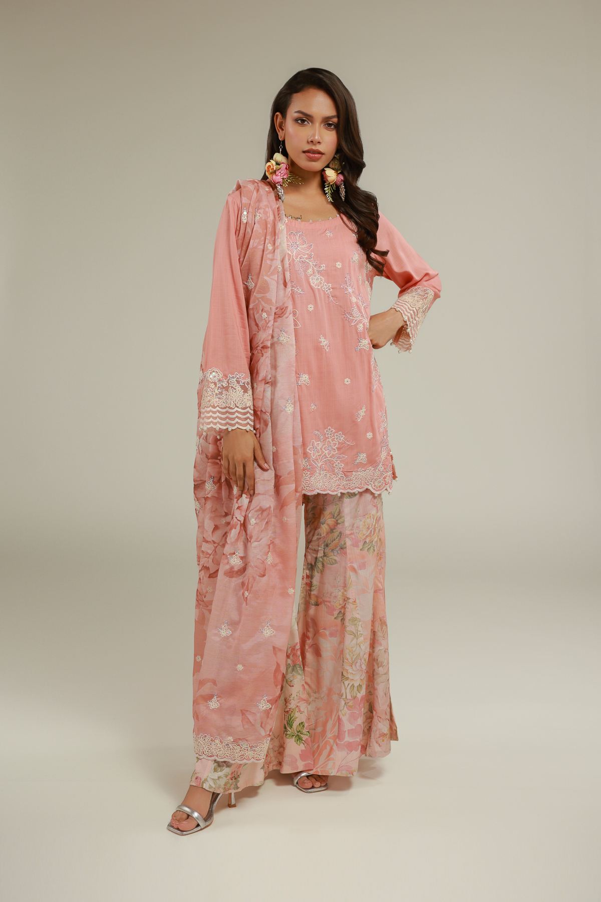 Embroidered Raw Silk Floral Kurta 3-piece - 1-26-129-A-C-VG
