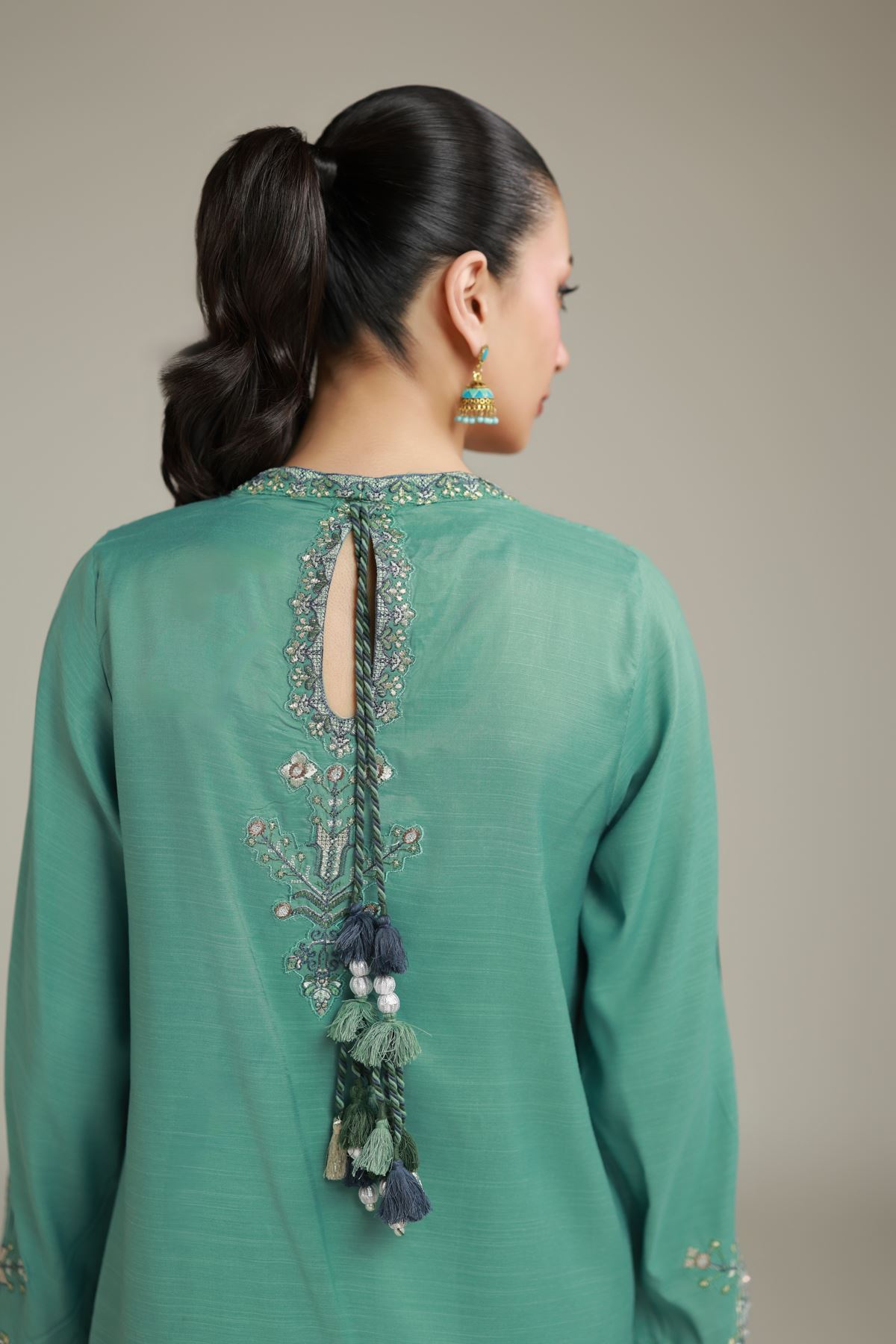 Embroidered Raw Silk Floral Drawstring Kurta - 25-09-10E2-09TB-VG