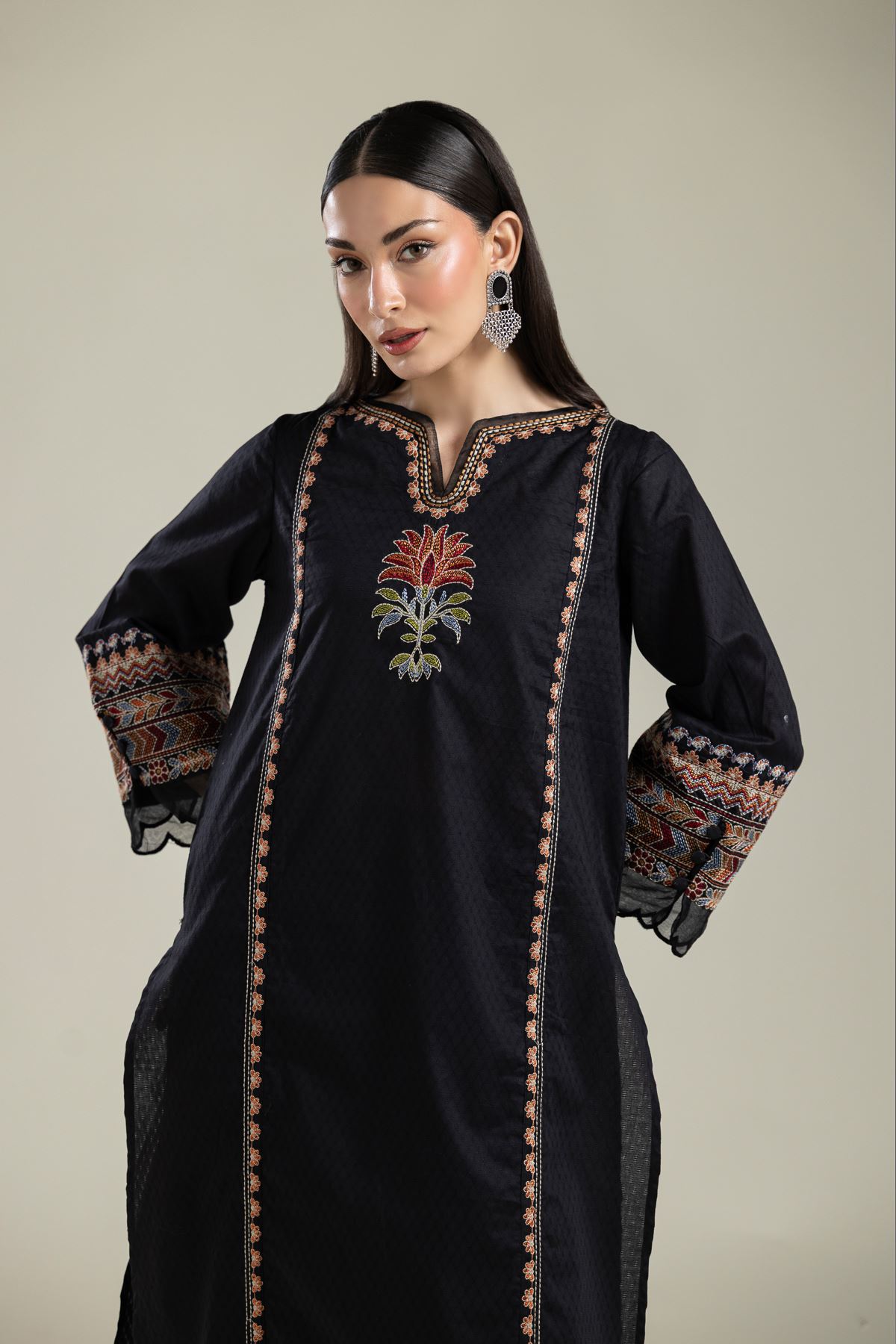Embroidered Cotton Dobby Black Embroidered Kurta - 1-26-134-A-G-VG