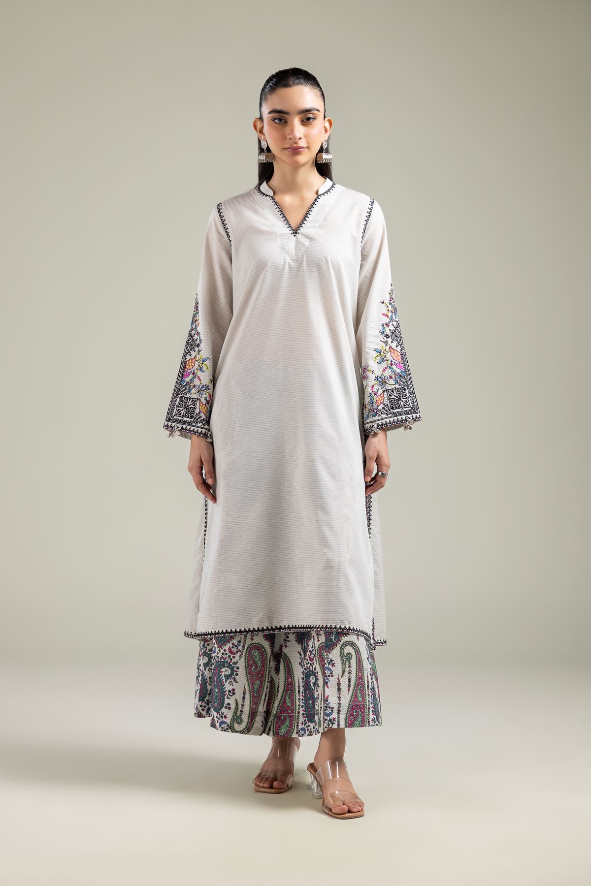 Embroidered Mesuri Off-White Longline Kurta - 1-26-142-A-B-VG