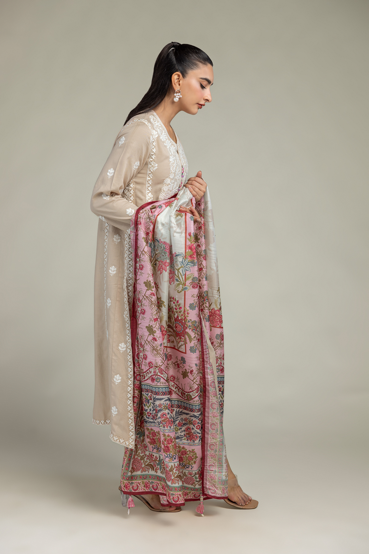 Embroidered Polyester Silk Pink Floral Dupatta - 2-26-202-A-D-VG