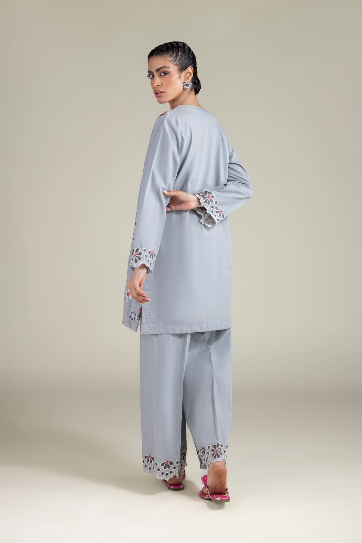 Embroidered Textured Cotton Floral V-Neck Kurta - 1-26-129-A-D-VG