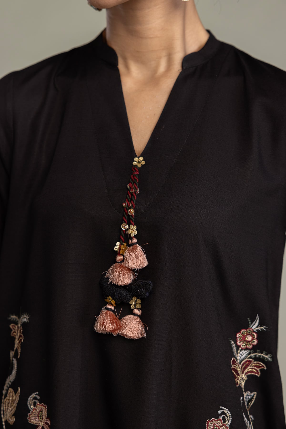 Embroidered Raw Silk Floral Black Kurta - 2-26-202-A-D-VG
