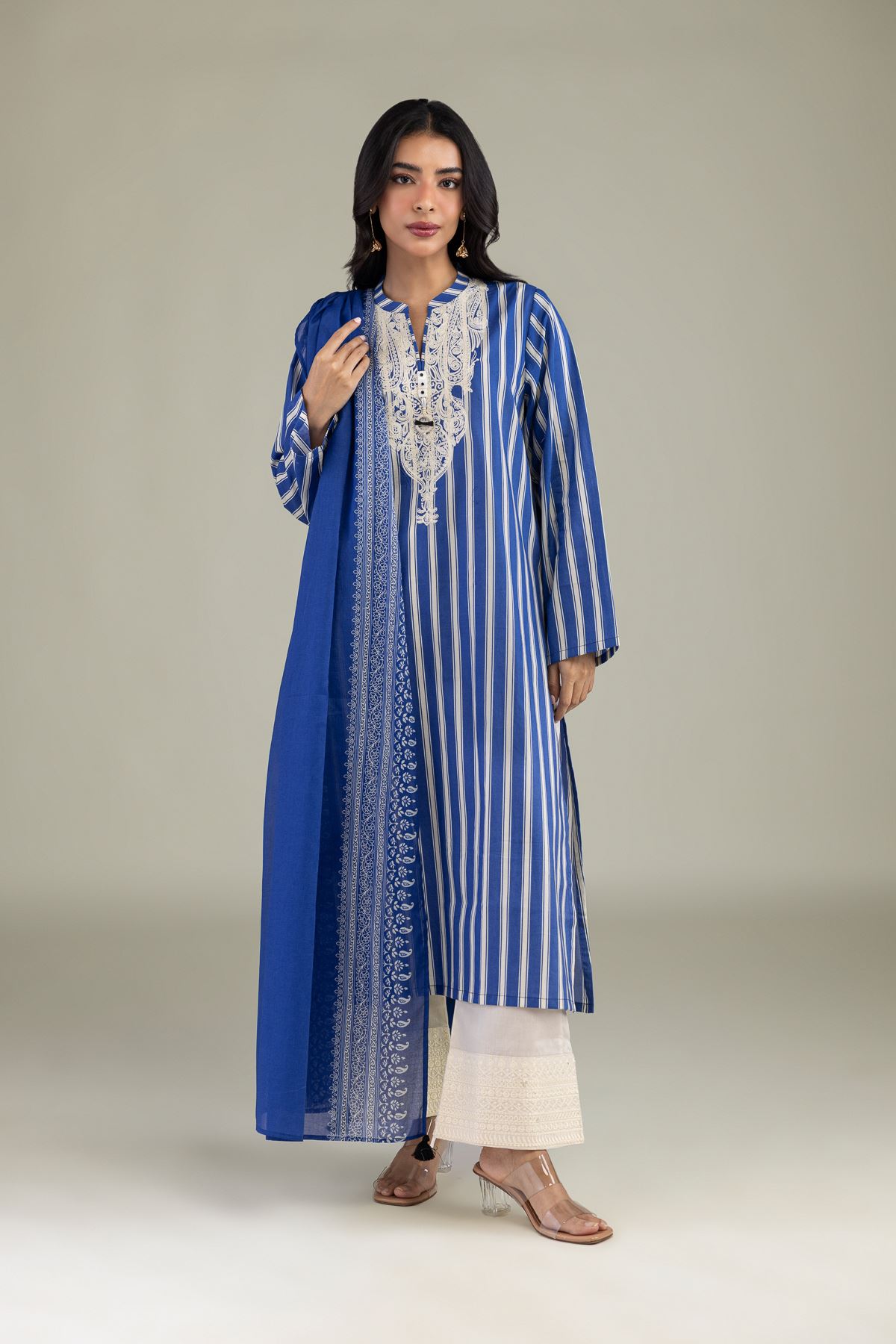 Embroidered Cambric Blue Tailored 3-Piece - 2-26-303-B-F1-VG