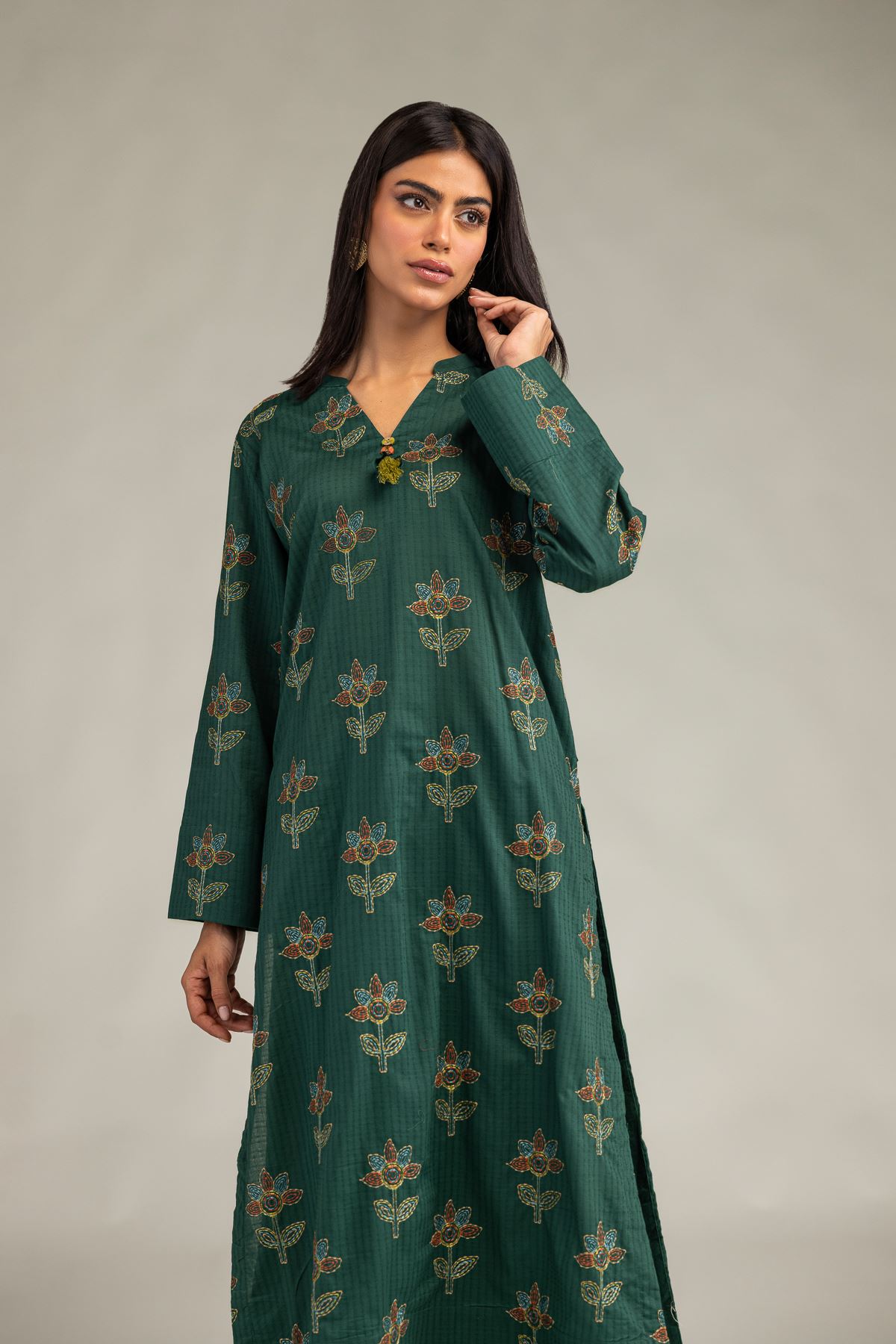 Embroidered Cotton Dobby Floral Longline Kurta - 2-26-301-B-F1-VG