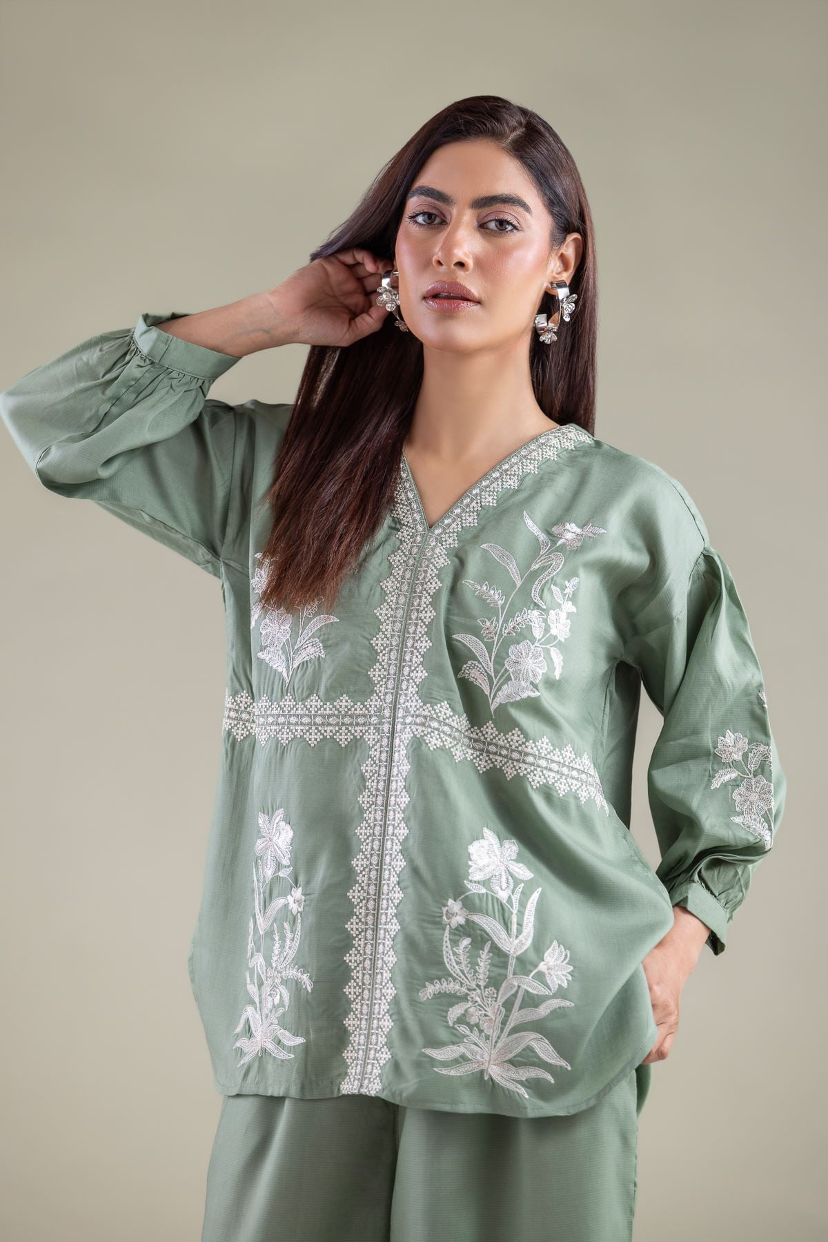 Embroidered Textured Weave Blouse - 6-26-102-A-A-VG