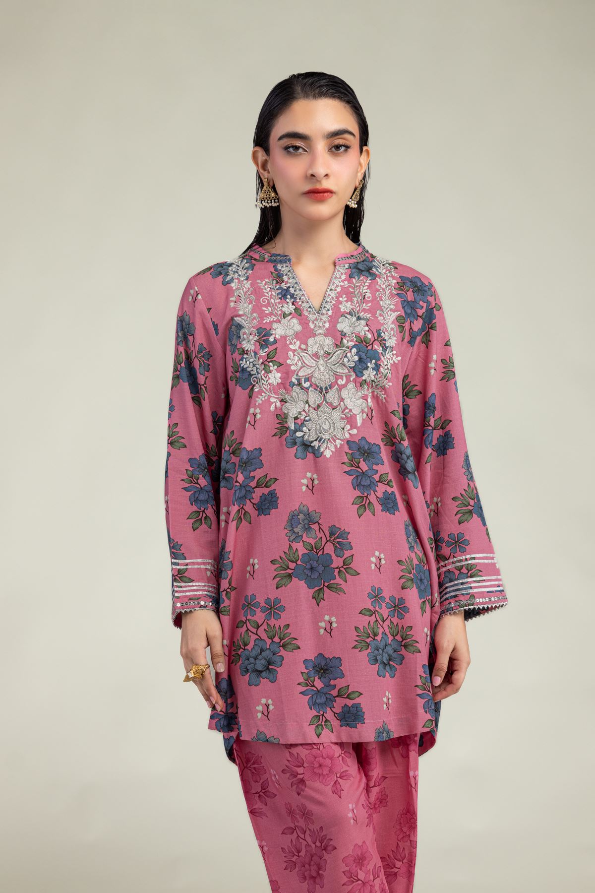 Embroidered Raw Silk Floral V-Neck Kurta - 1-26-325-B-G2-VG
