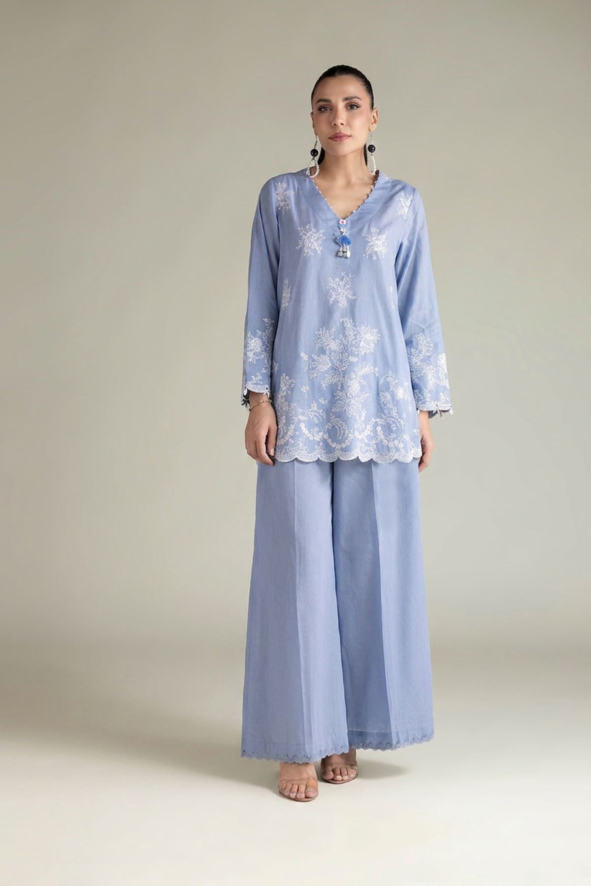 Embroidered Textured Cotton Tailored 2 Piece | Top and Bottom - T-A22-26-207EA2-VG