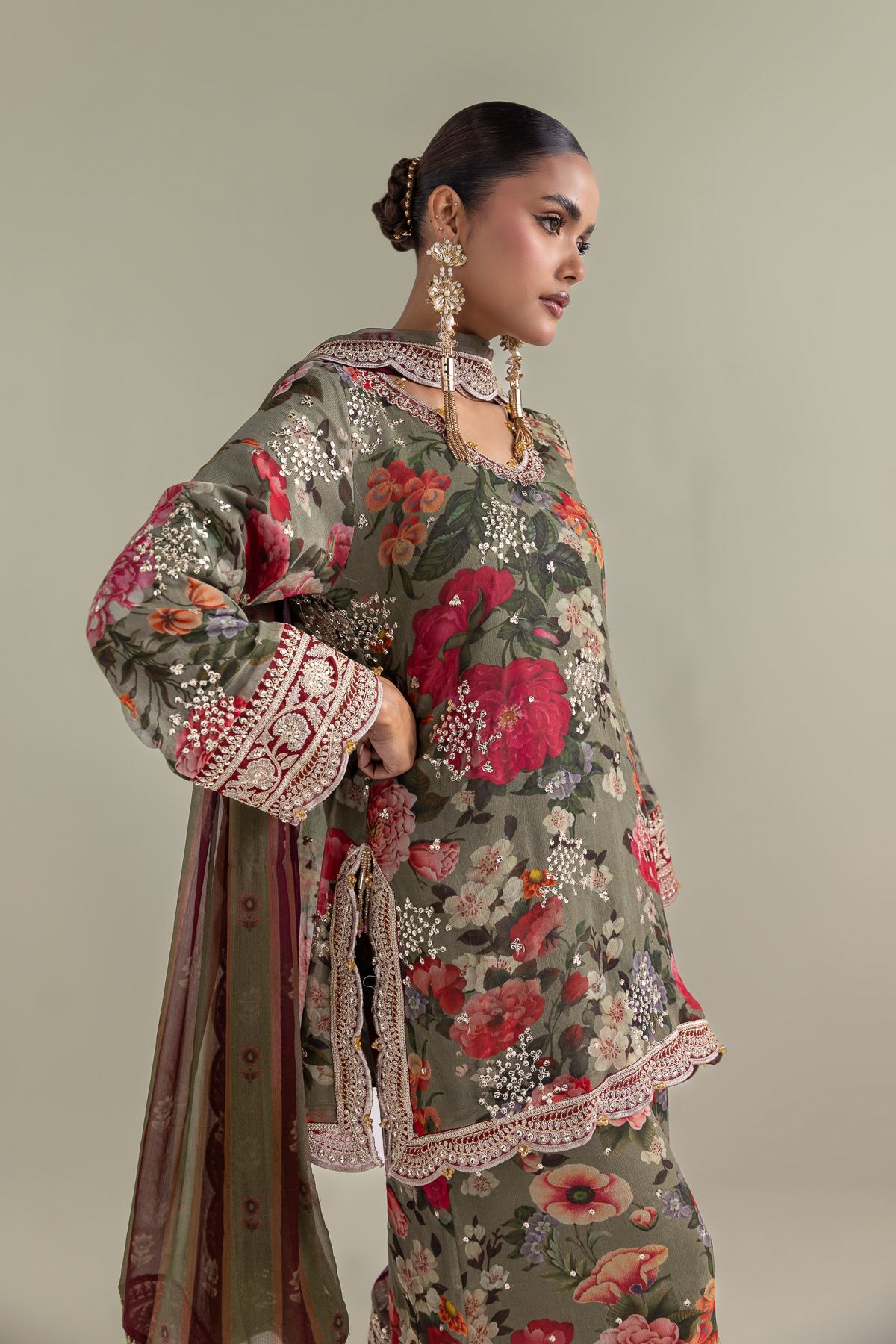 Embroidered Chiffon Floral 3-Piece Co-ords - 12-26-101-E-G-VG