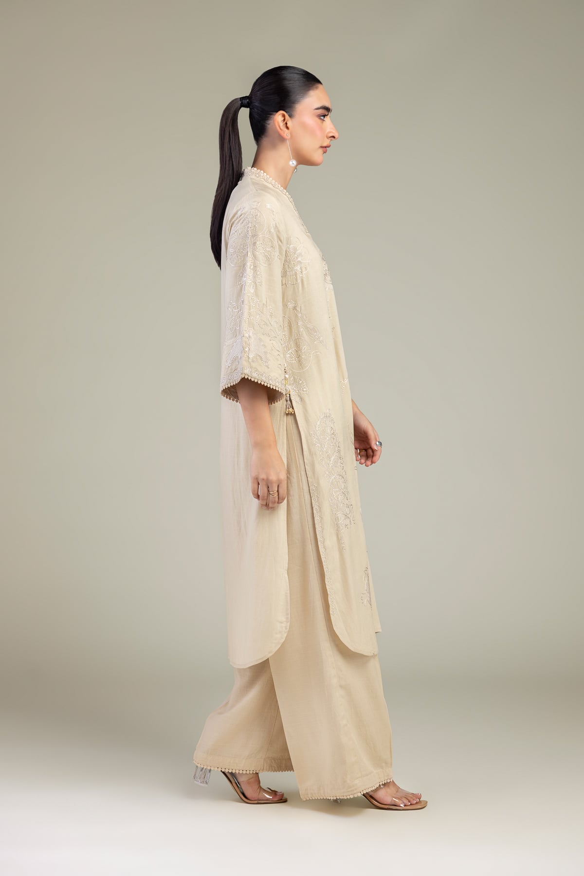Embroidered Raw Silk Beige Solid Pants - 1-26-102-A-F-VG