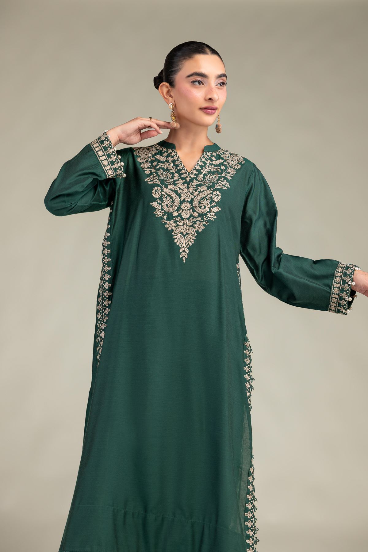 Printed Raw Silk Floral Green Kurta - 1-26-322-B-A1-VG