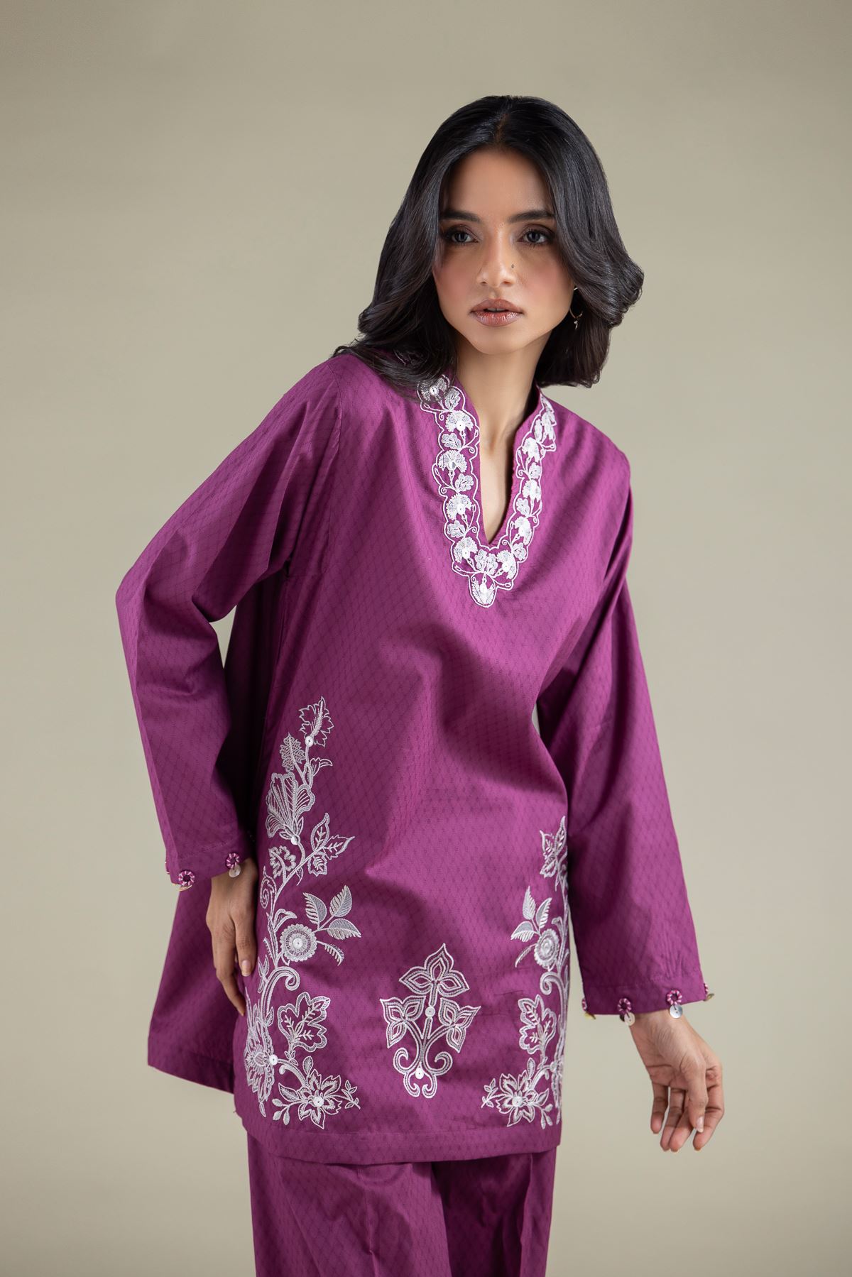 Embroidered Cotton Dobby Floral V-Neck Kurta - 25-00-X2-08TB-VG