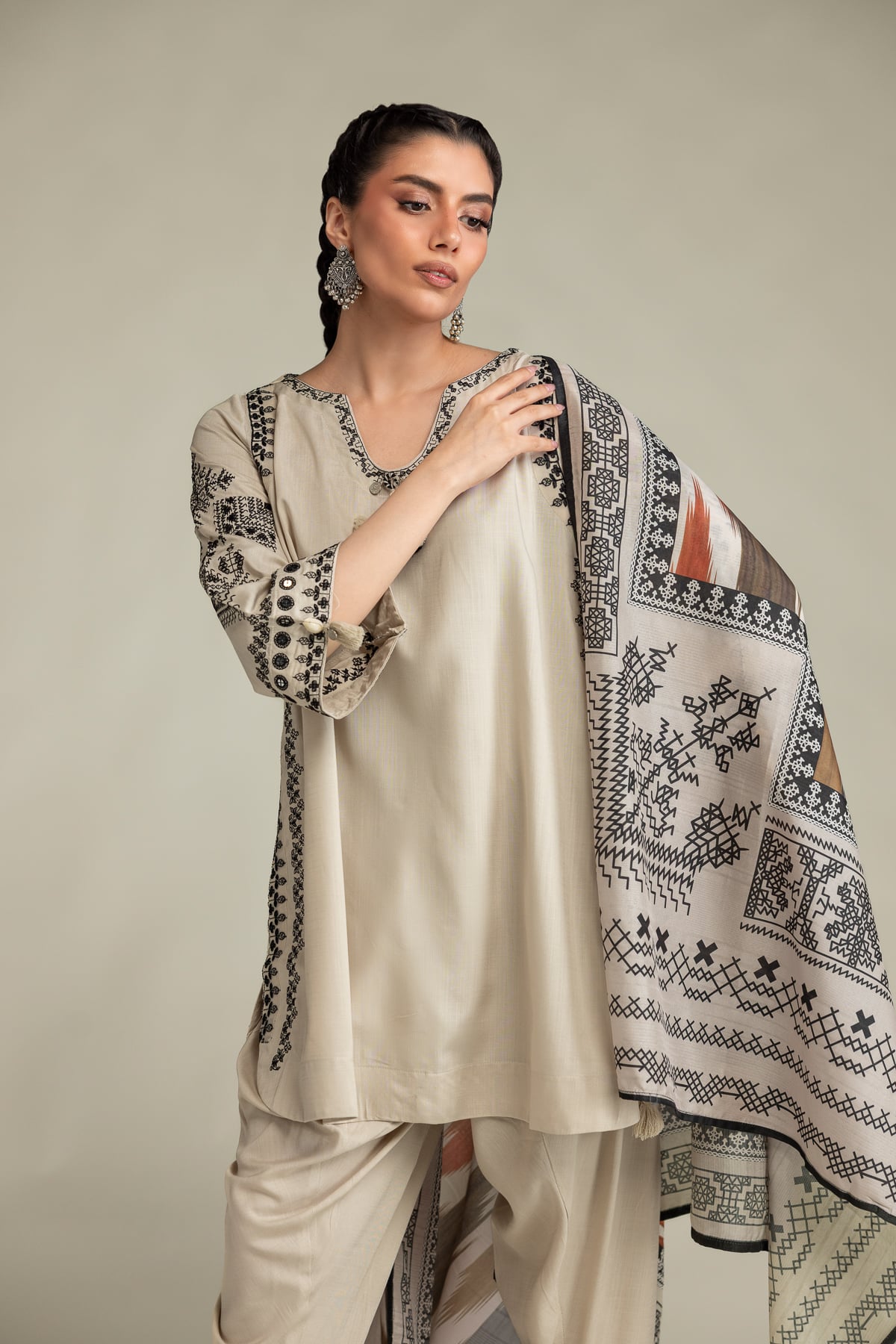 Embroidered Raw Silk Short Beige Kurta - 1-26-309-B-D1-VG