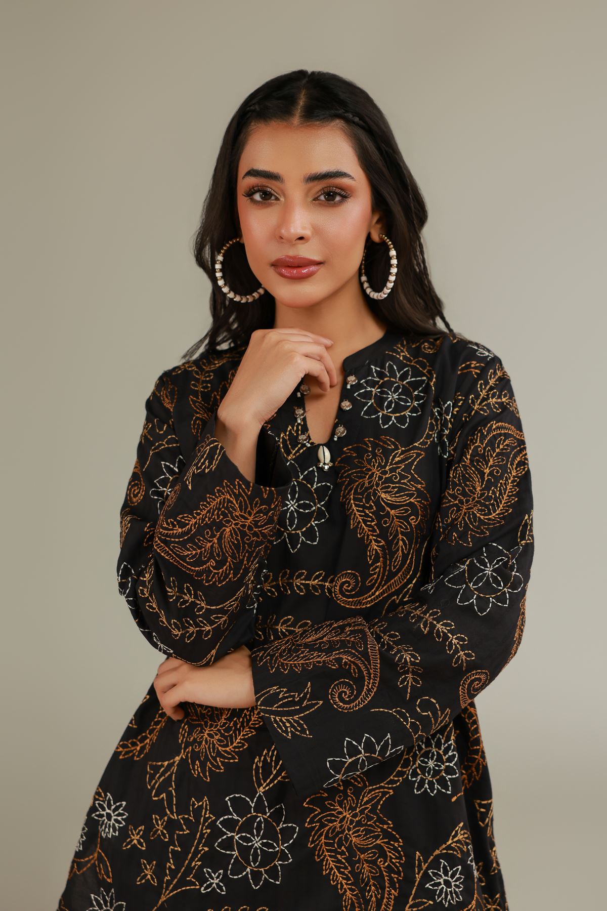 Embroidered Cotton Dobby Short Black Kurta - 1-26-137-A-B-VG
