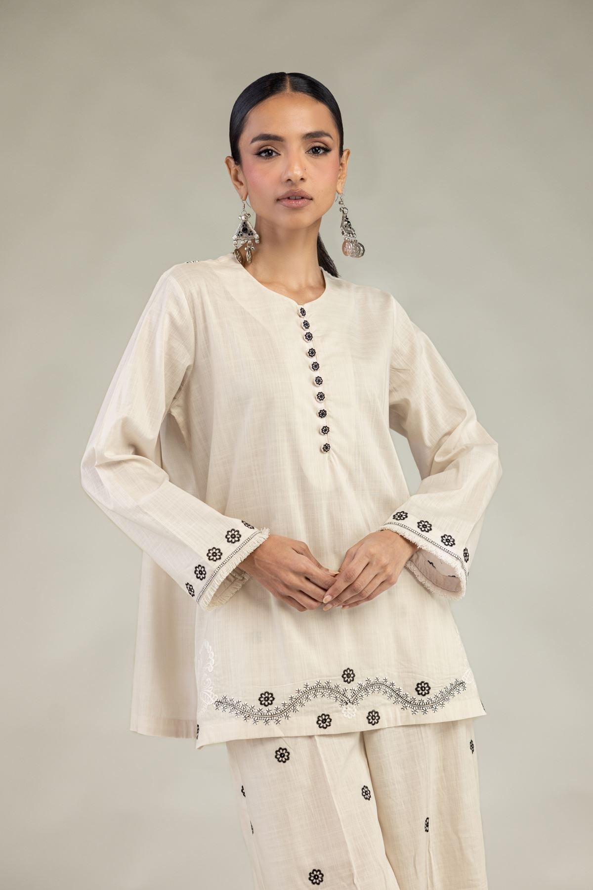 Textured Cotton Embroidered Short Round-Neck Kurta - 1-26-226-A-I1-VG