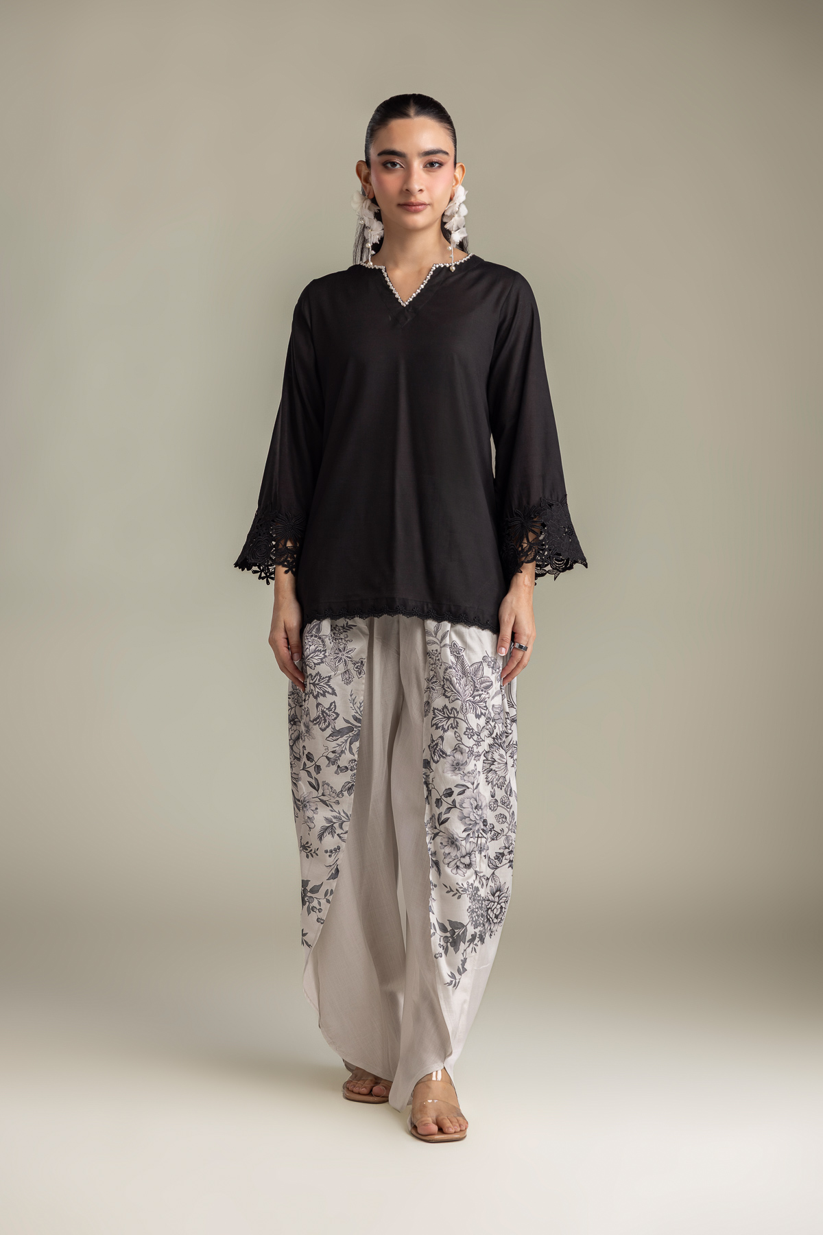 Printed Raw Silk Short Black Kurta - 2-26-418-A-H1-VG