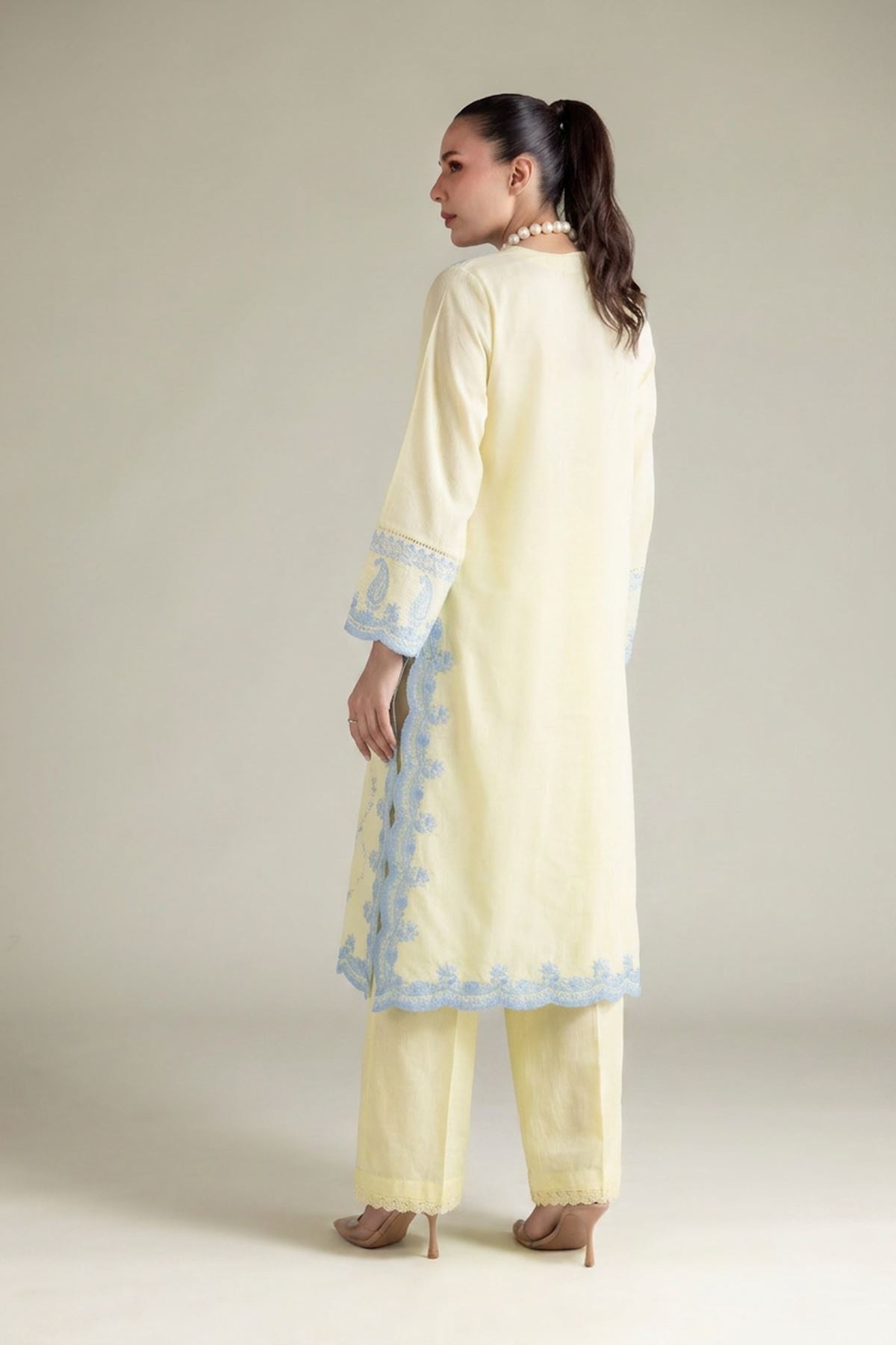 Embroidered Textured Cotton Tailored 2 Piece | Top and Bottom - T-A11-26-118FI2-VG
