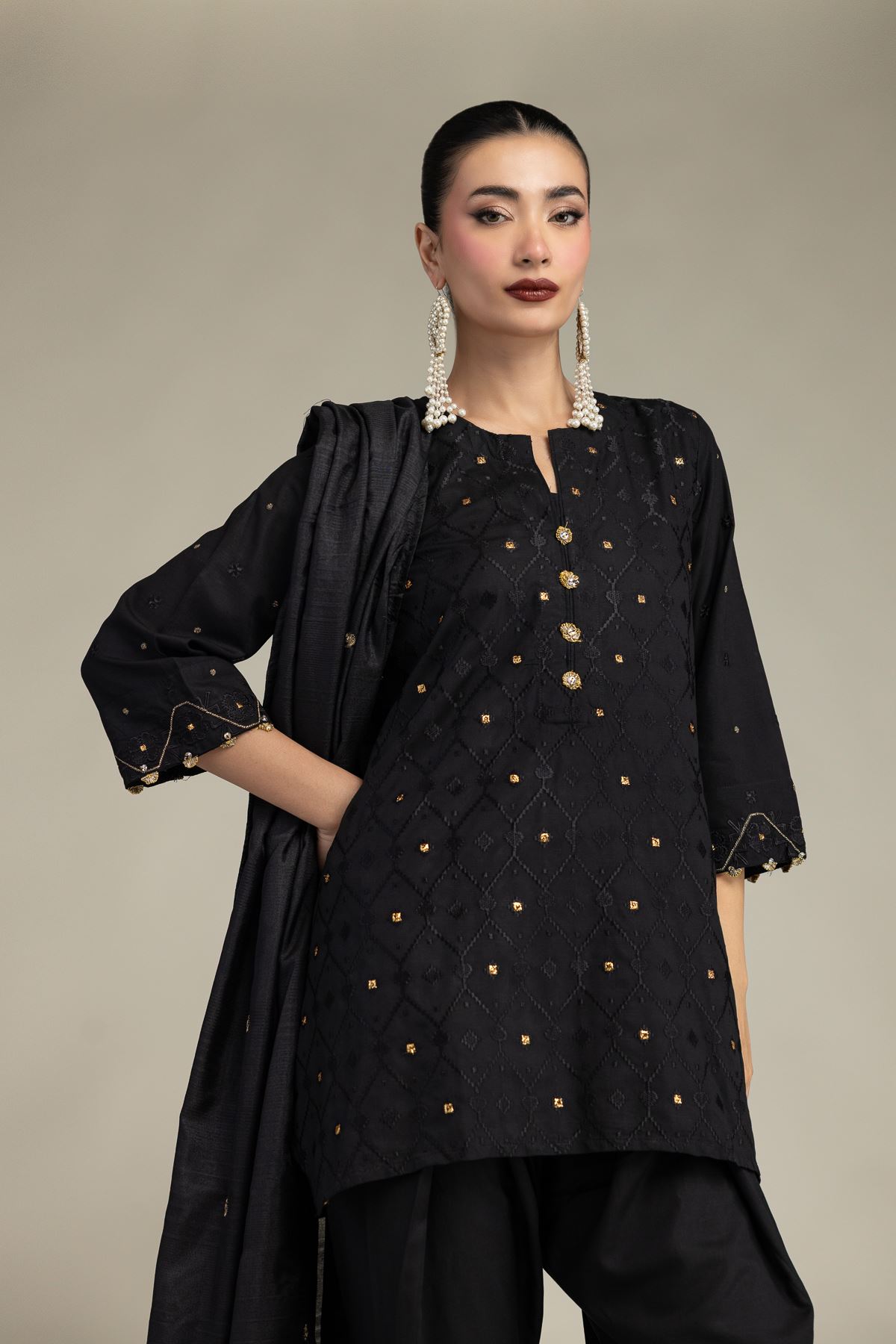 Embroidered Polyester Silk Black Silk Dupatta - 2-26-207-C-J1-VG