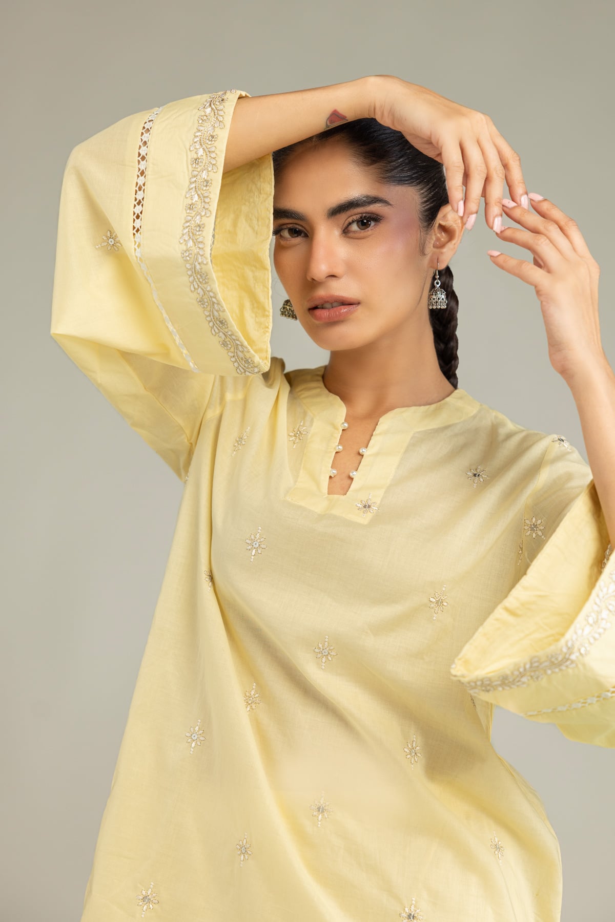 Embroidered Cambric Yellow Cambric Kurta - 1-26-102-A-F-VG