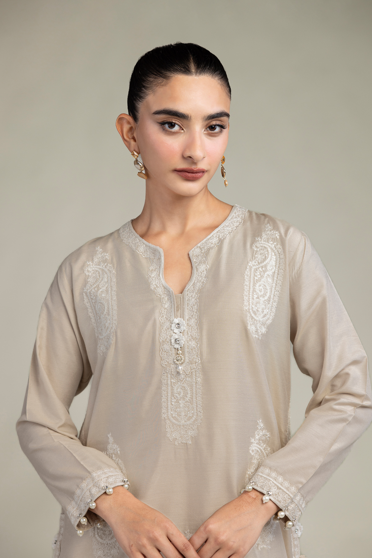 Embroidered Raw Silk Paisley Beige  Kurta - T-A33-26-204FB1-VG
