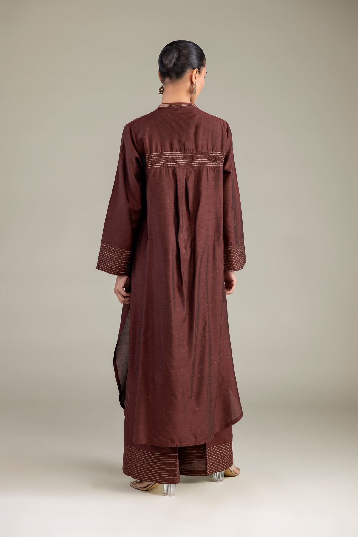 Dyed Mesuri Silk Brown V-Neck Kurta - 1-26-322-B-A1-VG