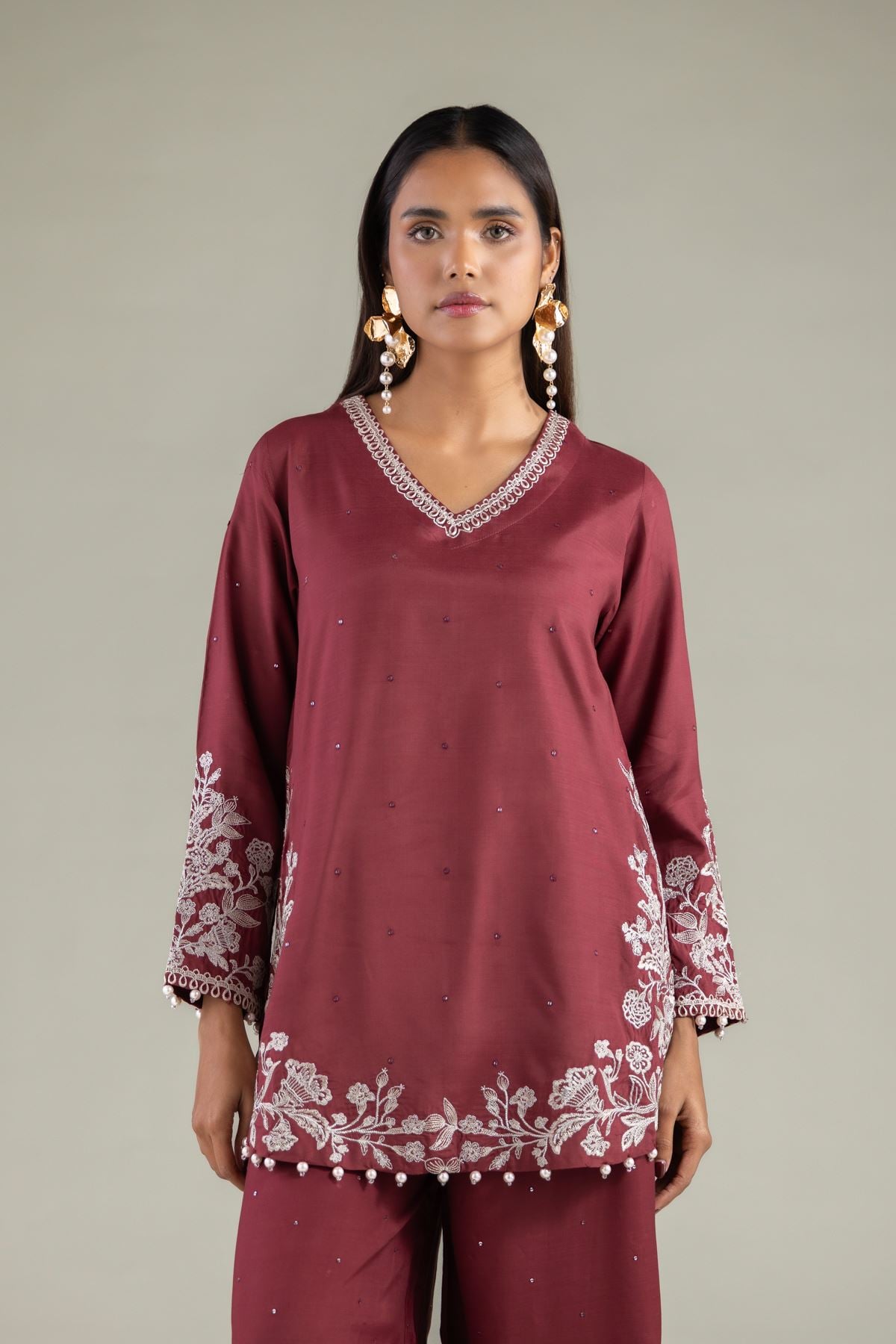 Embroidered Raw Silk Floral Pearl Kurta - 1-26-250-B-H1-VG
