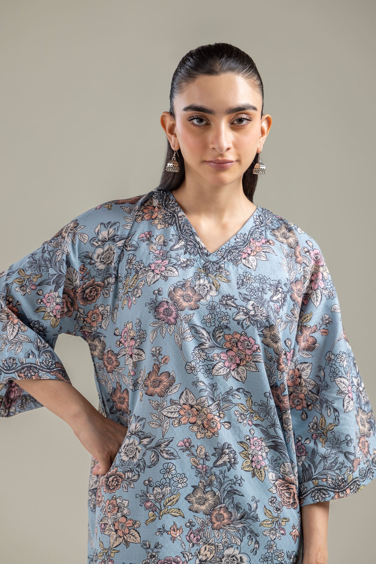 Embroidered Cotton Dobby Blue Longline Kurta - 2-26-107-A-F-VG