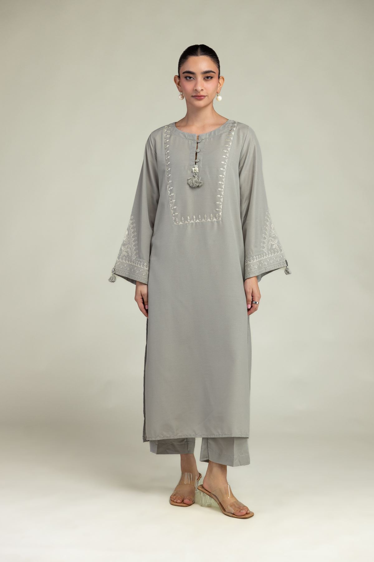 Embroidered Arabic Lawn Gray Lawn Pants - 8-26-210-A-C1-VG