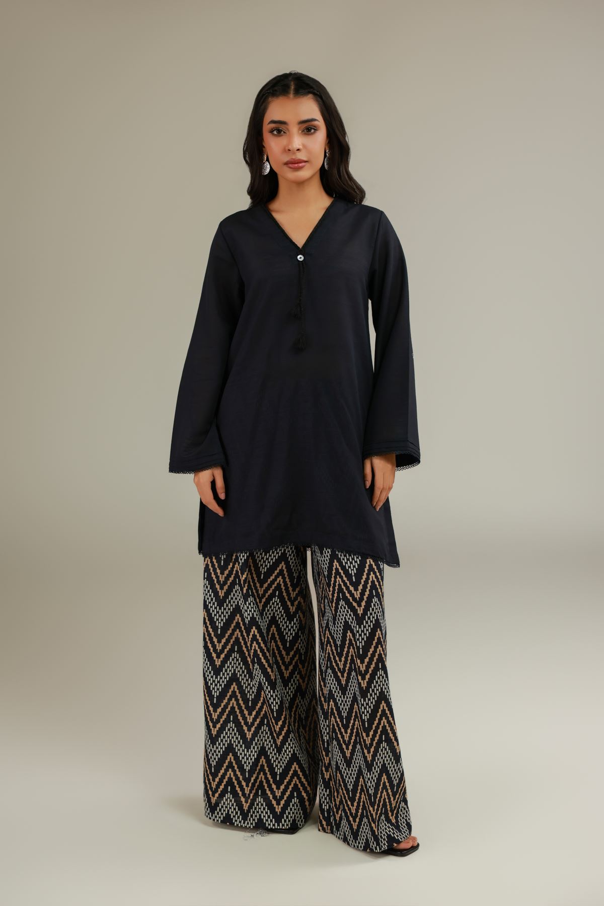 Printed Textured Cotton V-Neck Cotton Kurta - 1-26-108-A-F-VG