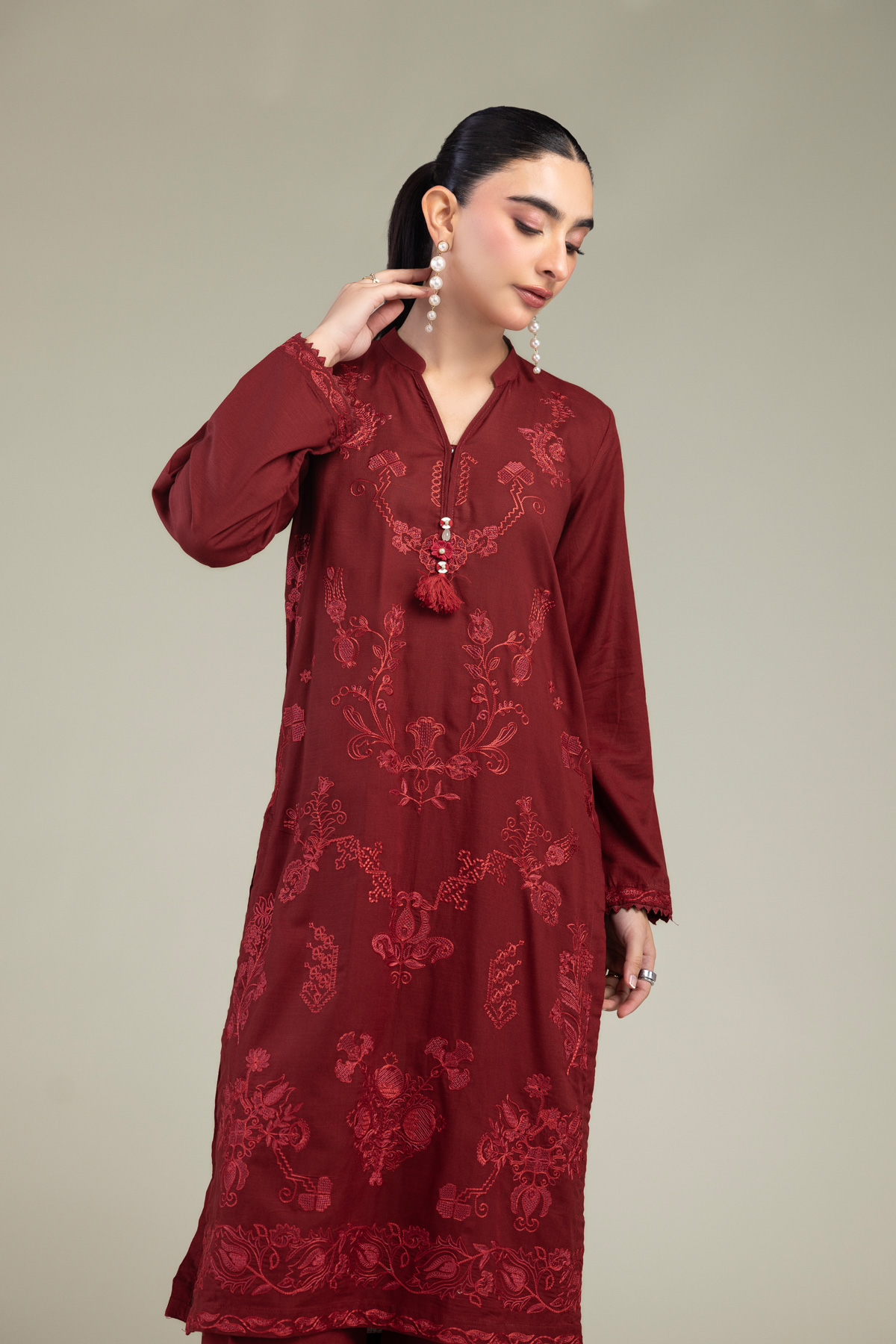 Embroidered Raw Silk V-Neck Silk Kurta - 1-26-102-A-F-VG