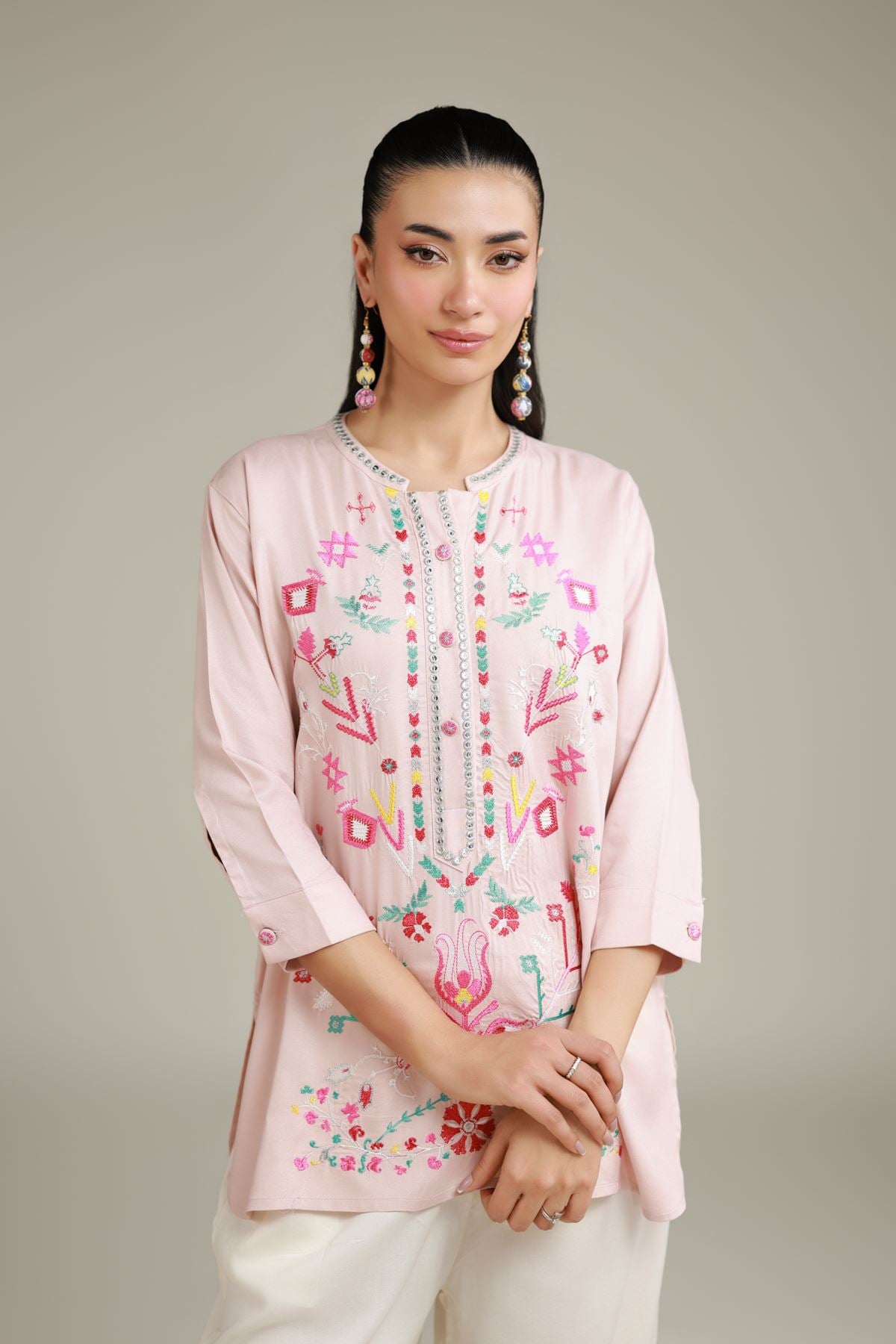Embroidered Viscose Crepe Pink Buttoned Shirt - 6-26-103-A-F-VG