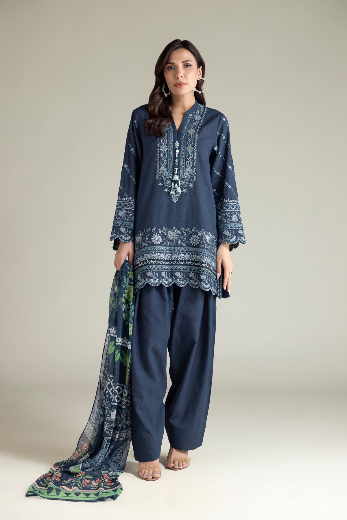 Embroidered Textured Cotton Tailored 3 Piece - T-A22-26-207FA2-VG