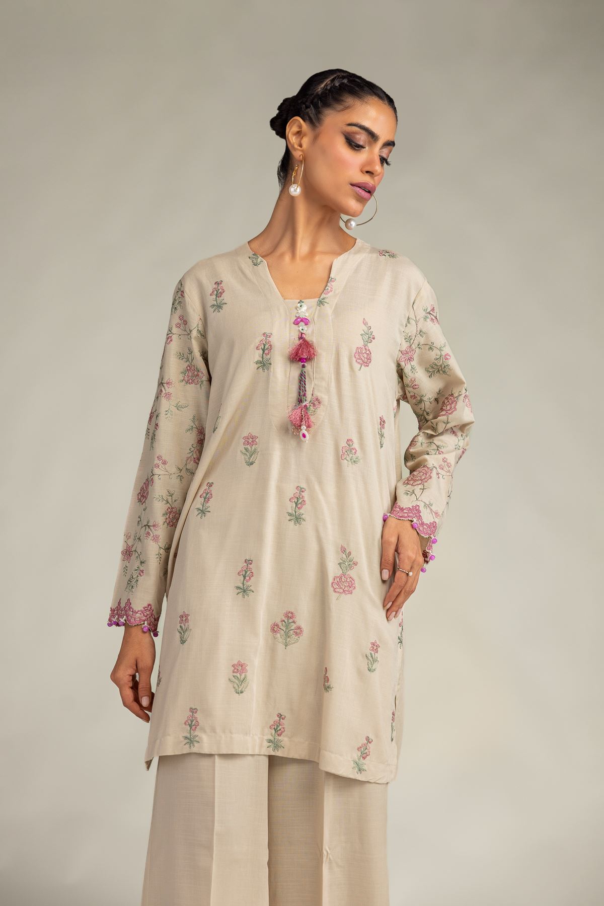 Embroidered Raw Silk Floral Beige Kurta - 1-26-322-B-A1-VG