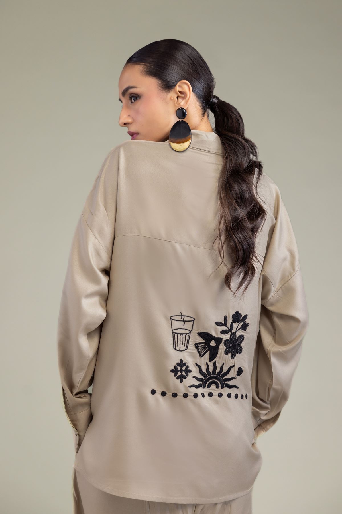 Embroidered Viscose Crepe Floral V-Neck Shirt - 6-26-202-A-D1-VG