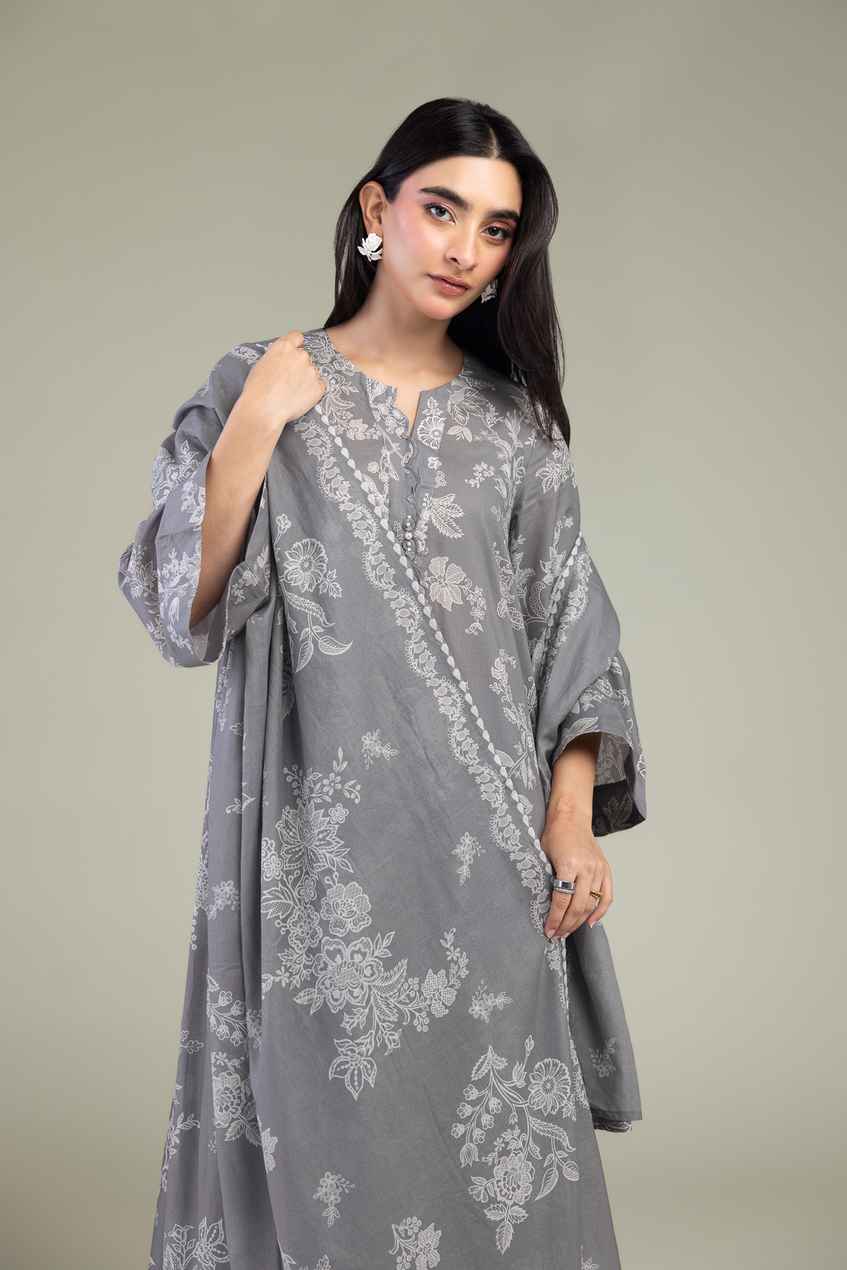 Embroidered Lawn Gray Lawn Dupatta - 1-26-102-A-F-VG