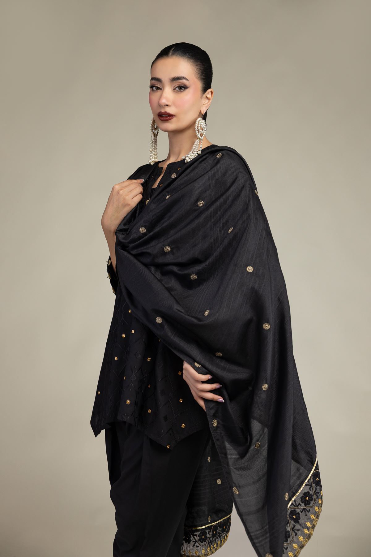 Embroidered Polyester Silk Black Silk Dupatta - 2-26-207-C-J1-VG