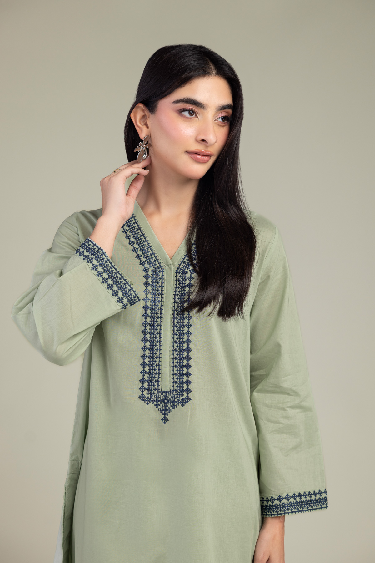 Embroidered Cambric Long Mint Kurta - 1-26-102-A-F-VG