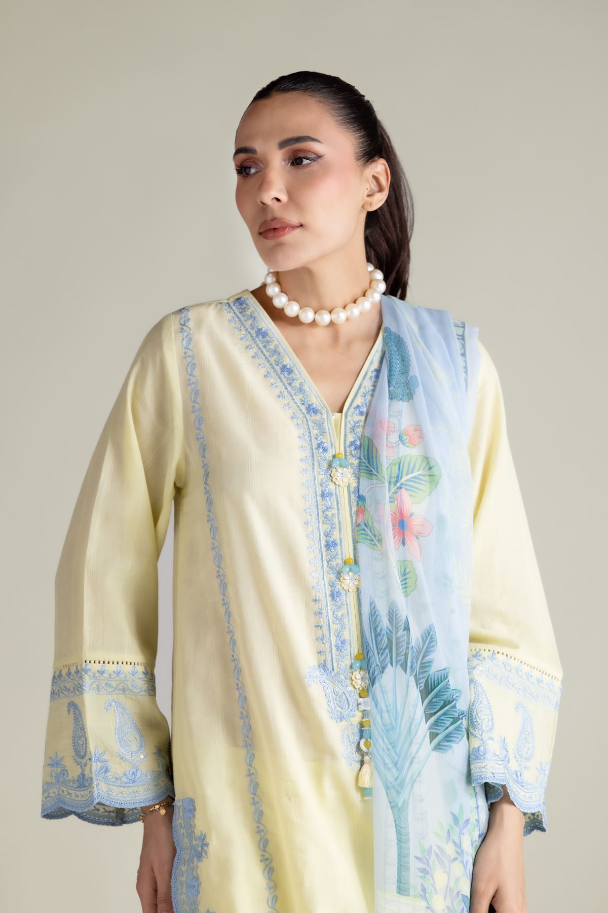 Embroidered Textured Cotton Tailored 3 Piece - T-A22-26-207FB1-VG