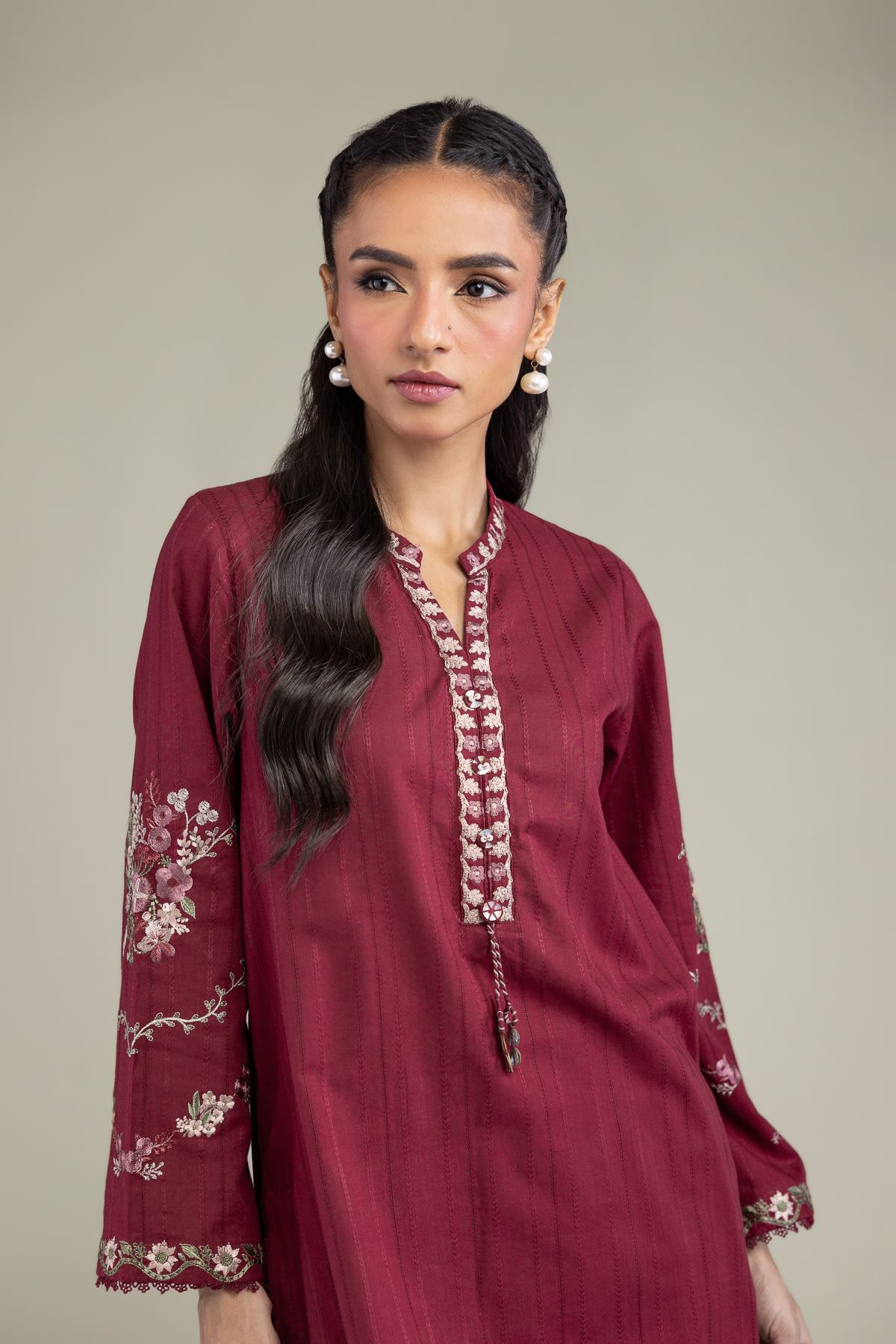 Embroidered Textured Cotton Floral Short Kurta - T-A11-26-114FF1-VG