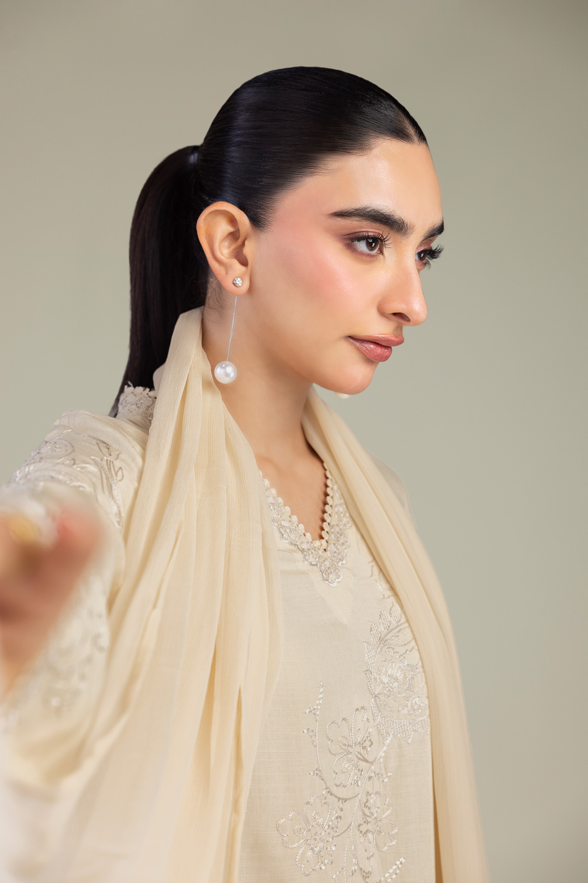 Embroidered Chiffon Beige Floral Dupatta - 1-26-102-A-F-VG