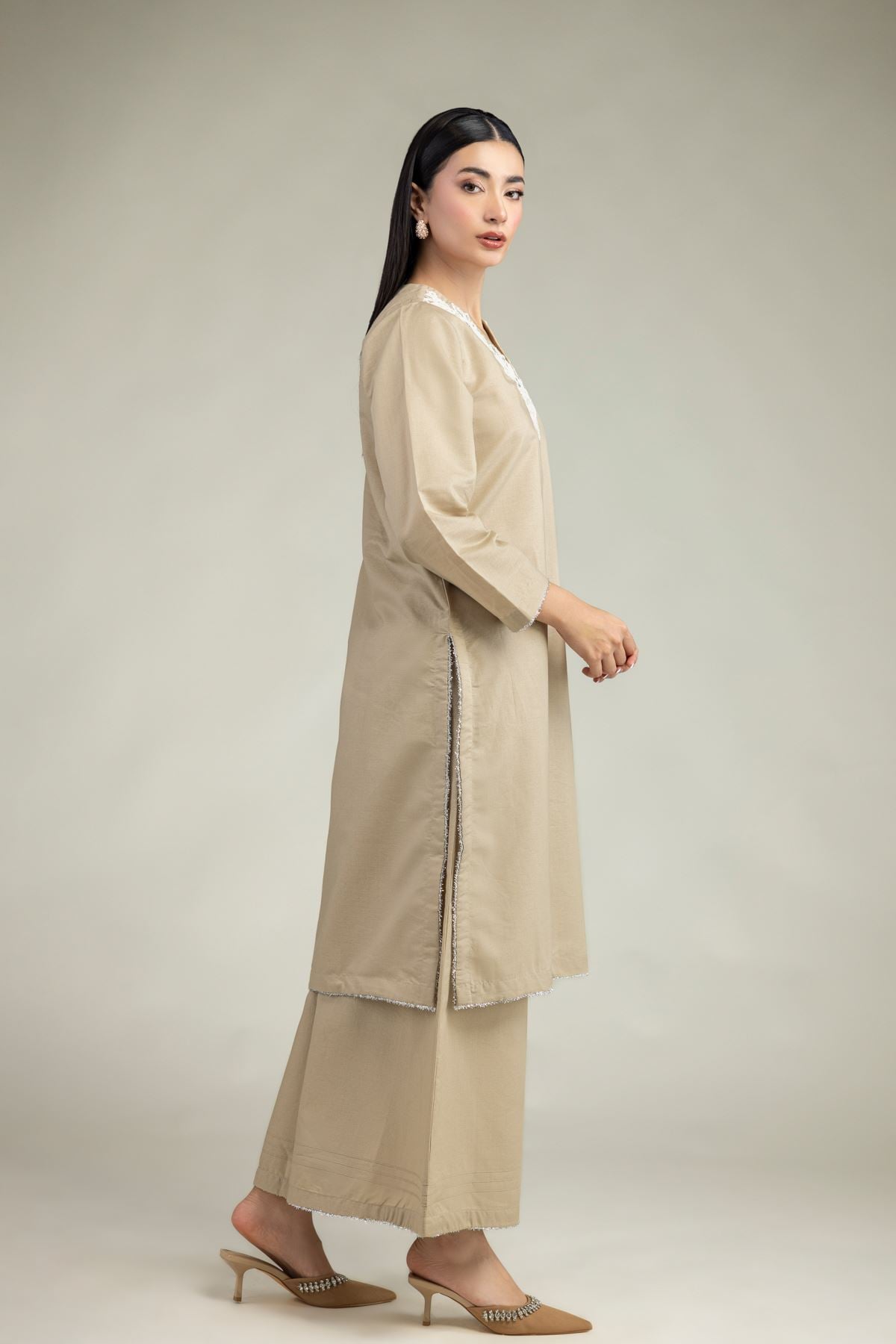 Embroidered Mesuri Beige Mesuri Pants - 1-26-231-A-F1-VG