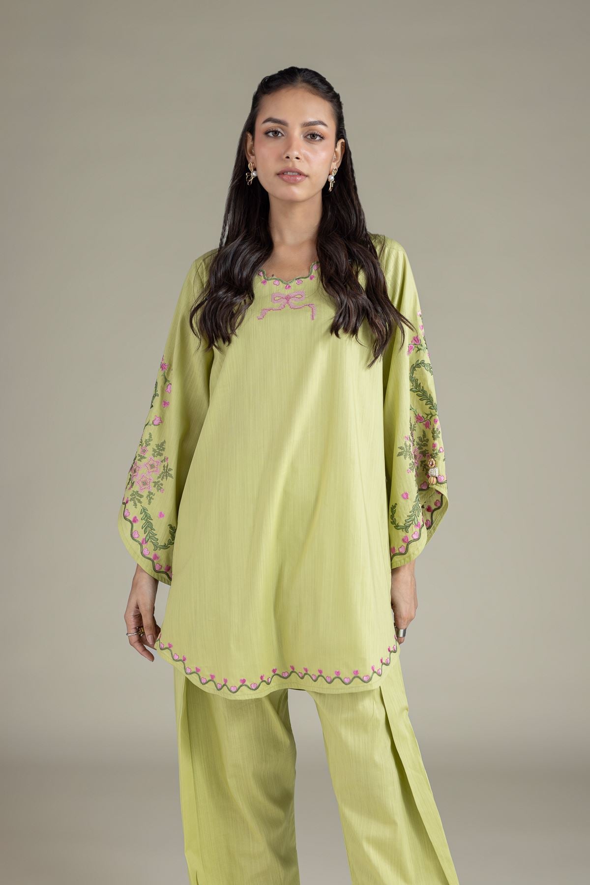 Embroidered Textured Cambric Scalloped Floral Kurta - CA44BST-VG