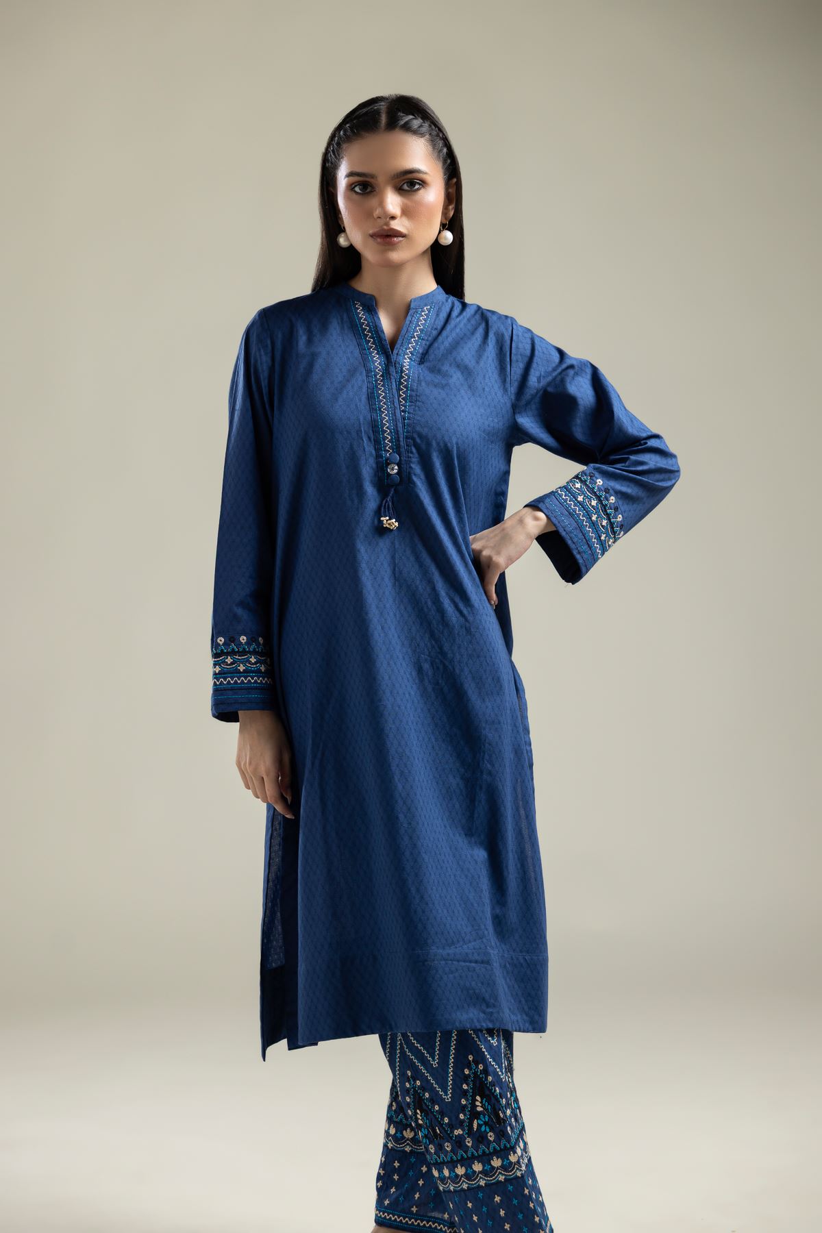 Embroidered Cotton Dobby Blue Longline Kurta - 1-26-204-A-A1-VG
