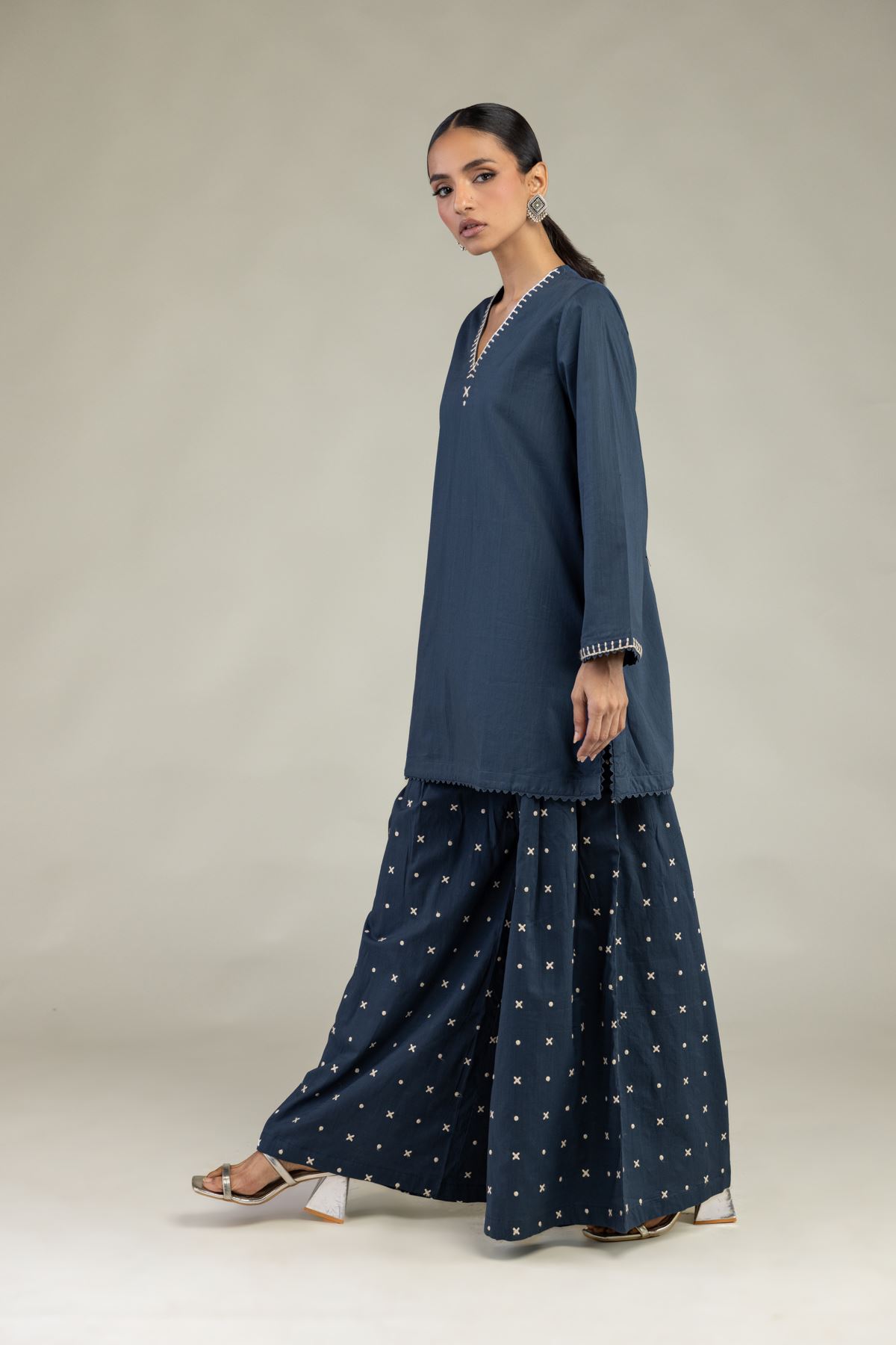 Textured Cotton Embroidered Navy Cotton Pants - 1-26-226-A-I1-VG
