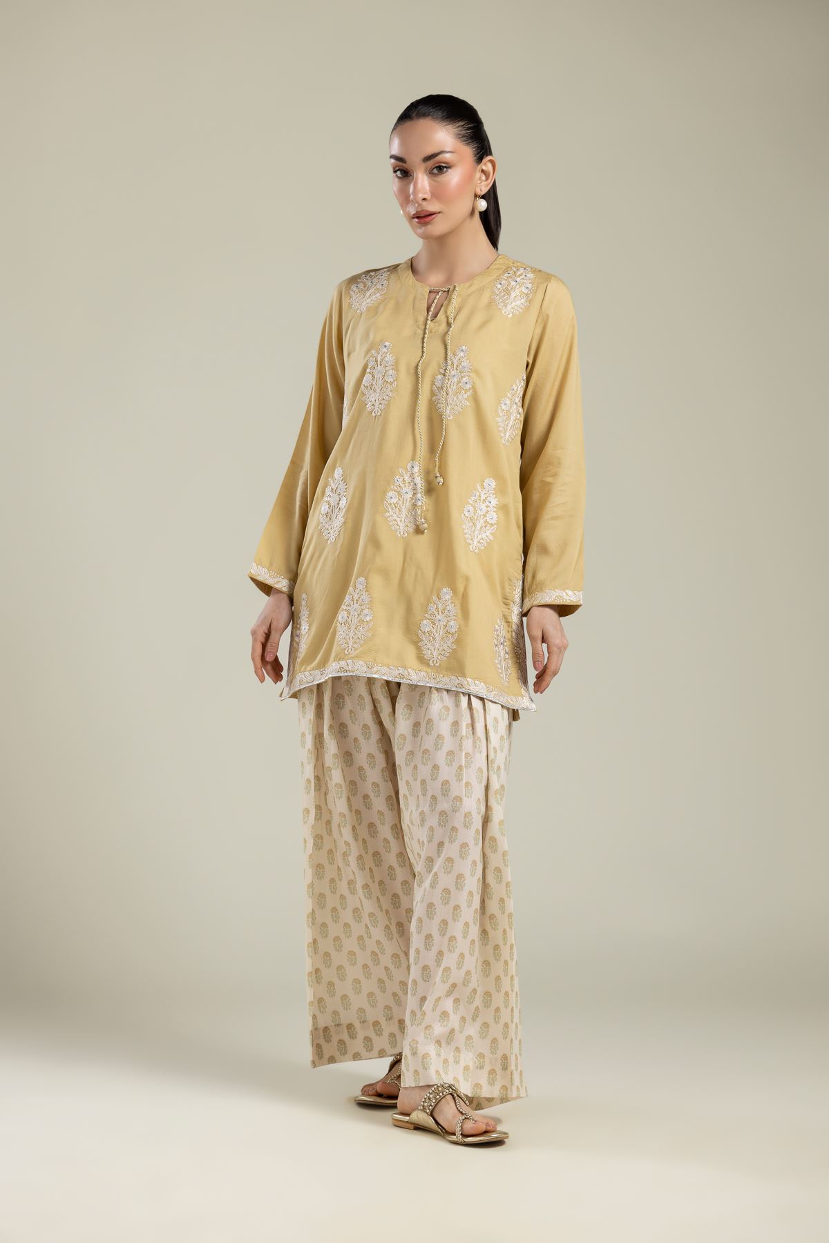 Embroidered Textured Weave Beige Printed Pants - 1-26-106-A-H-VG