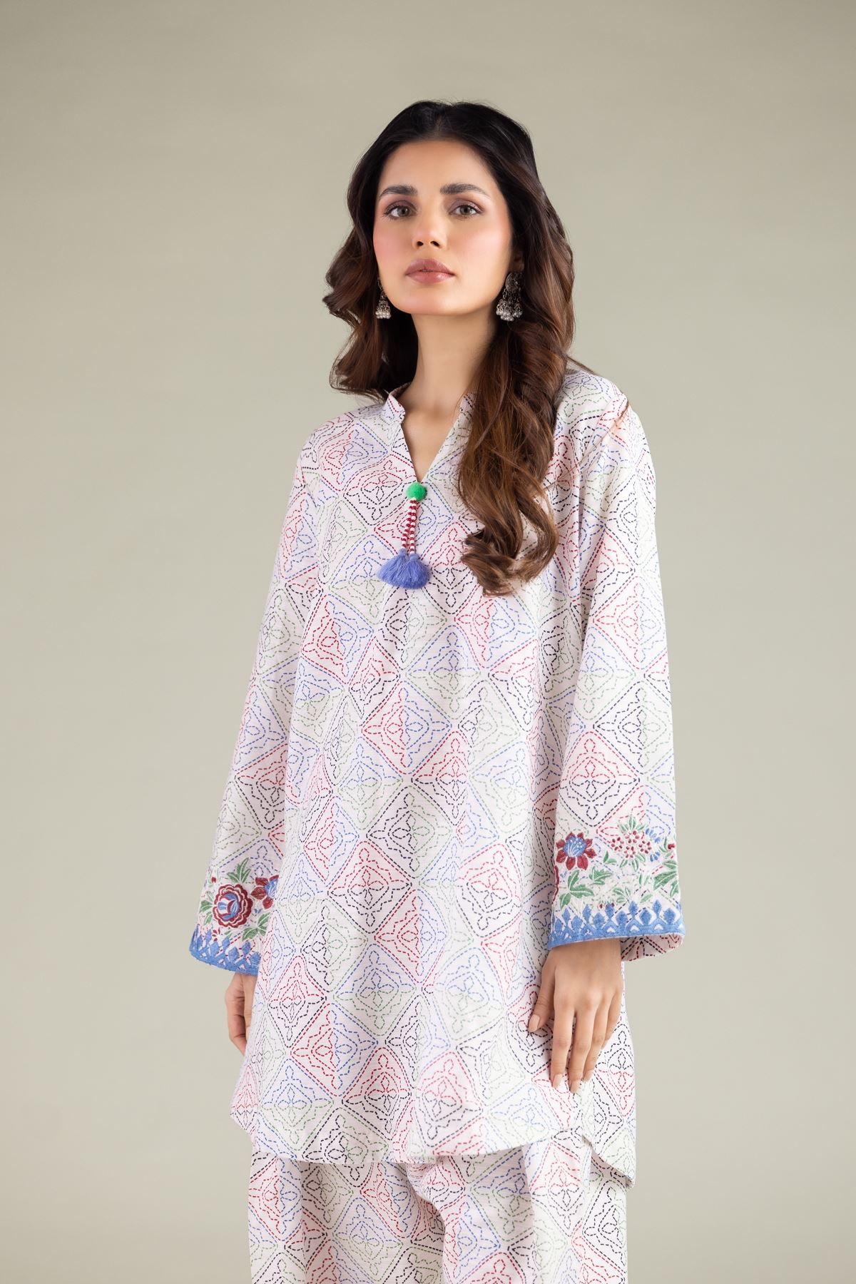 Embroidered Textured Cotton Geometric Tassel Kurta - T-A11-26-108FB1-VG